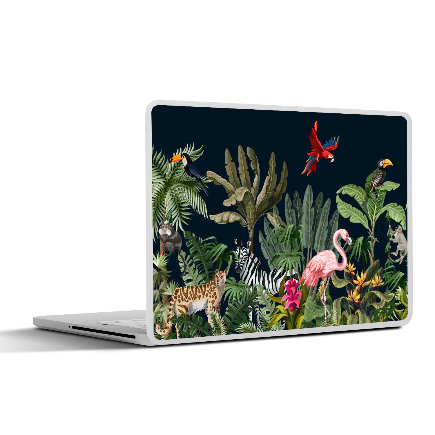 MuchoWow Laptop-Aufkleber Dschungel - Pflanzen - Tiere - Kinder - Flamingo - Zebra, (1tlg), Laptop Folien Cover, Aufkleber, Sticker, Schutz vor Kratzern, 25x18 cm