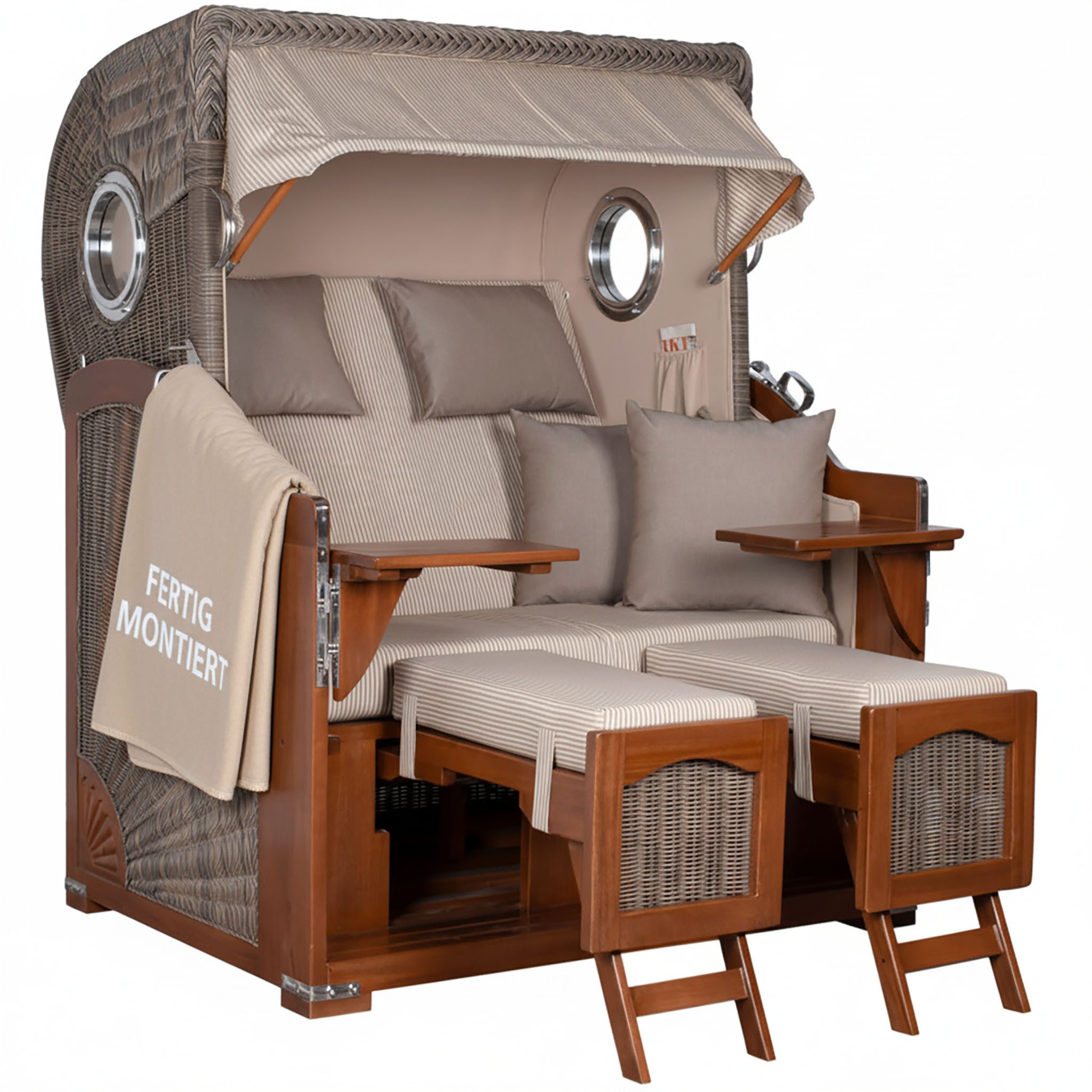 MR.DEKO Strandkorb 2-Sitzer Düne Bullauge Vollholz PE-Geflecht grau 125x170x80, BxTxH: 125x80x170 cm, 2-Sitzer Strandkorb, Strandkorb Düne Bullauge, (Fertig montierter Strandkorb für Garten, Terrasse & Balkon), Wetterfester Volllieger mit Edelstahlbeschlägen & waschbaren Polstern