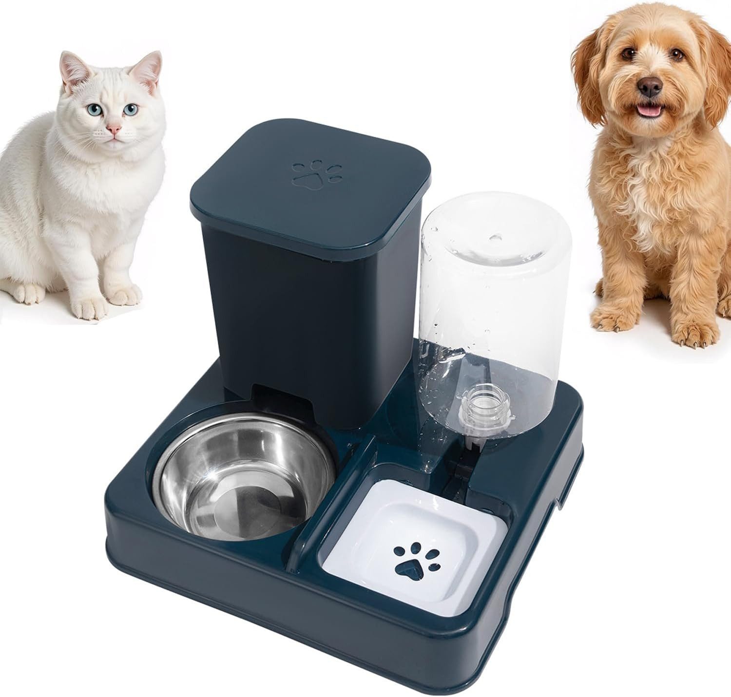 FELIXLEO Futterstation 2 in 1 Automatischer Futter und Wasserspender Edelstahlschale Blau