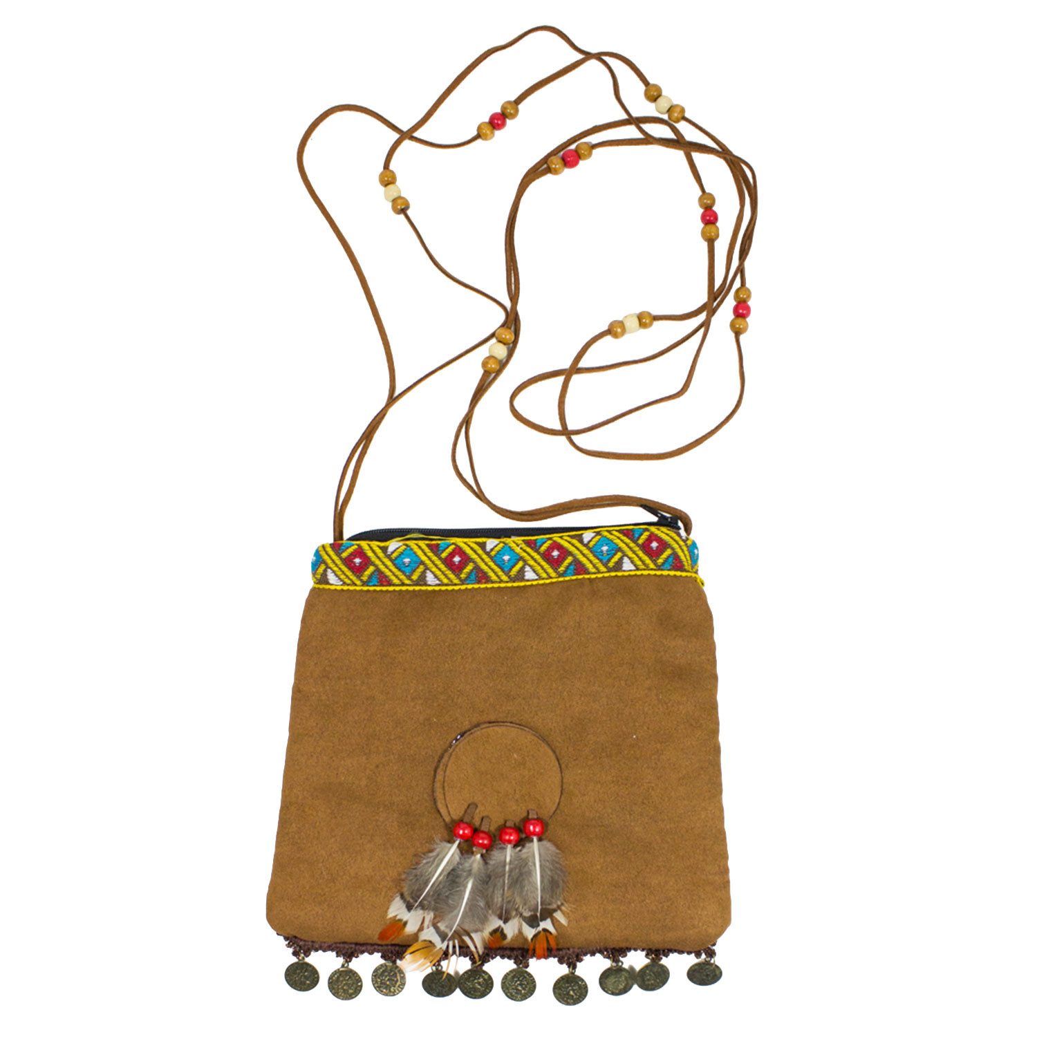 Das Kostümland Kostüm Wild West Handtasche mit Federn und Münzen - Braun günstig online kaufen