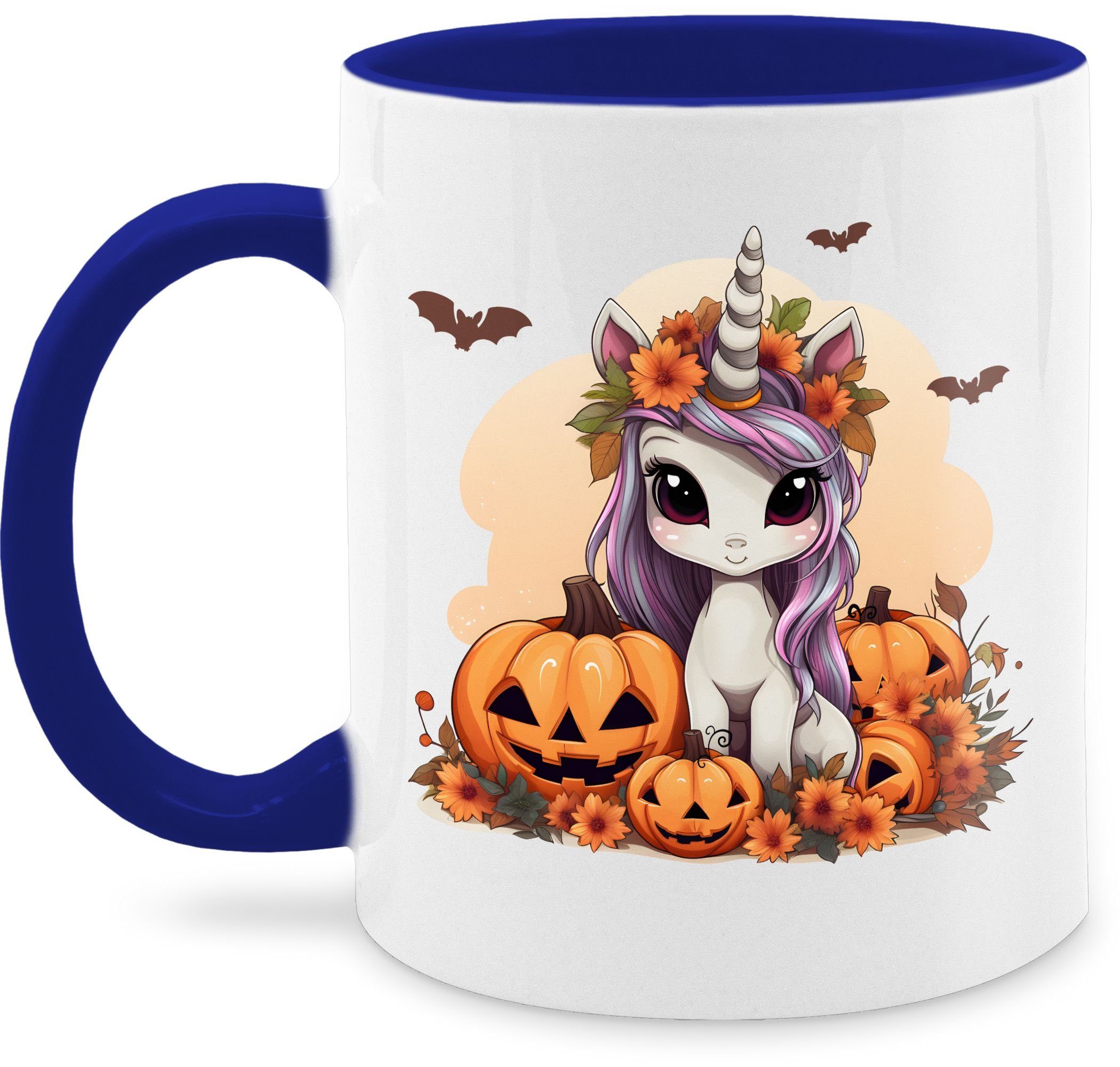 Shirtracer 3 Tasse Keramik, Unicorn Kürbis, Tassen Halloween Dunkelblau Halloween Süßes Einhorn