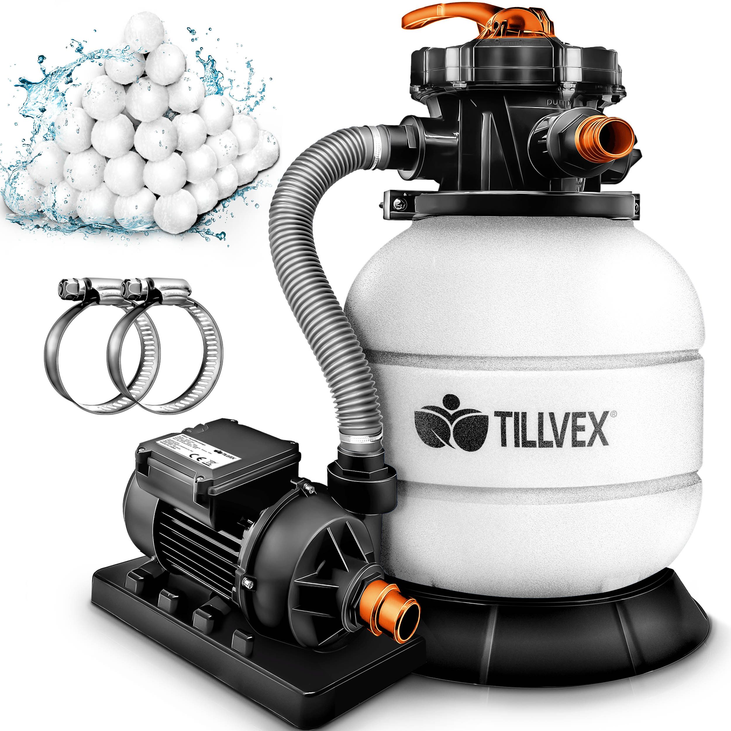 tillvex Sandfilteranlage Filteranlage 7.900L/h mit 400g Filterbällen + Pumpe Filter (Set), 7-Wege Ventil