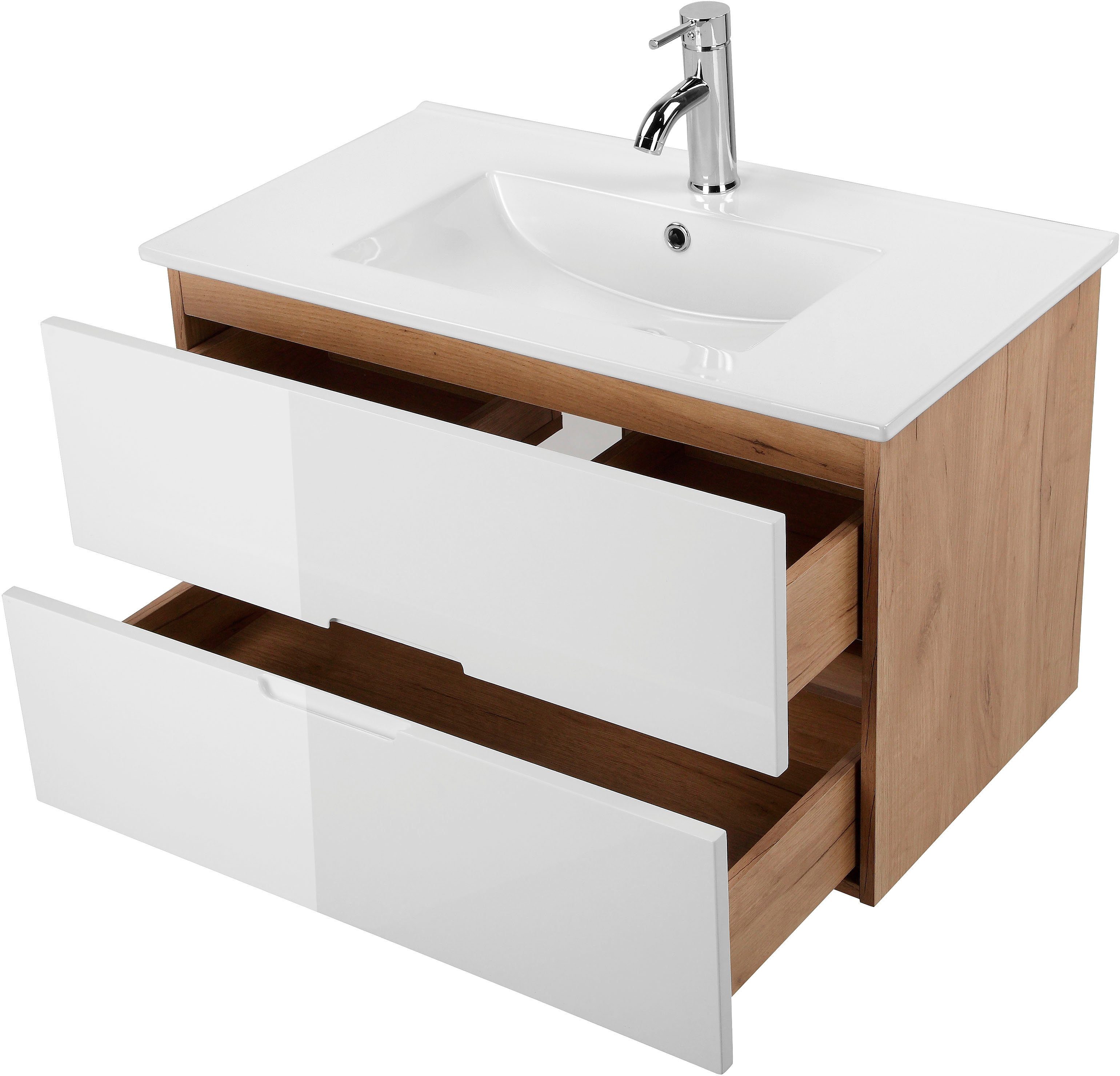 welltime Waschtisch Lund Badezimmerschrank Unterschrank mit Becken (Set), Waschplatz mit Waschbecken und 2 Auszügen Breite 80 cm – Bild 4 von 5