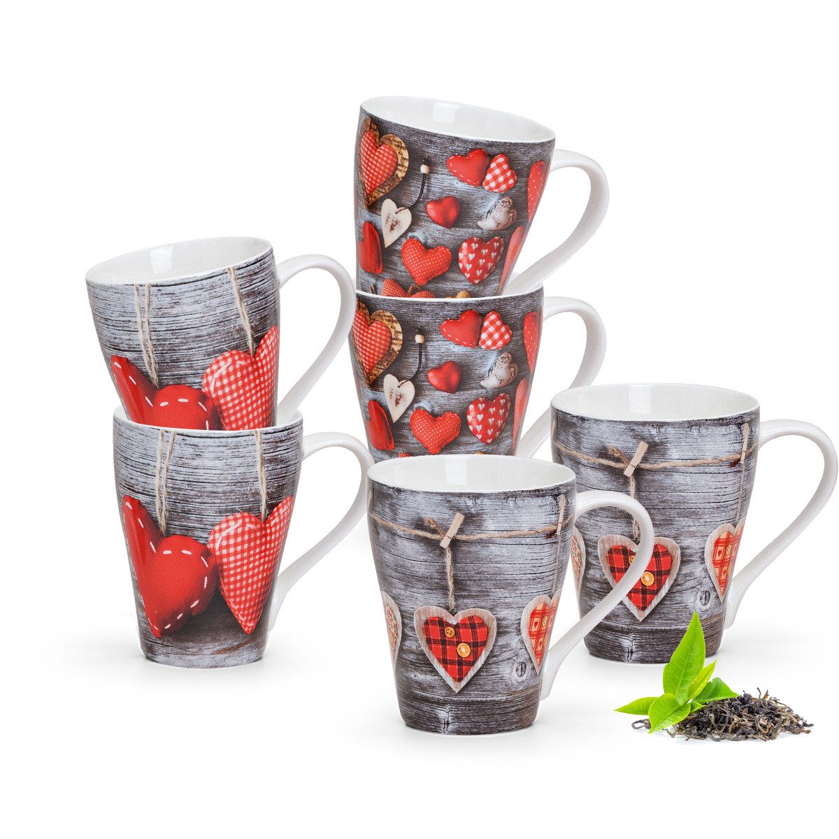 Tasse Schöne Kaffeetassen 6er Set Holz-Optik Herzen Landhaus-Stil