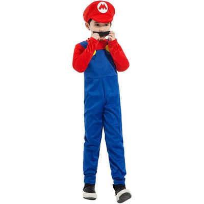 longziming Kostüm »Super Mario und Luigi Bros. Klassisches Kostüm für Kinder mit Hut, Schnurrbart, Kleidung für Cosplay-Karneval- 130-140cm«
