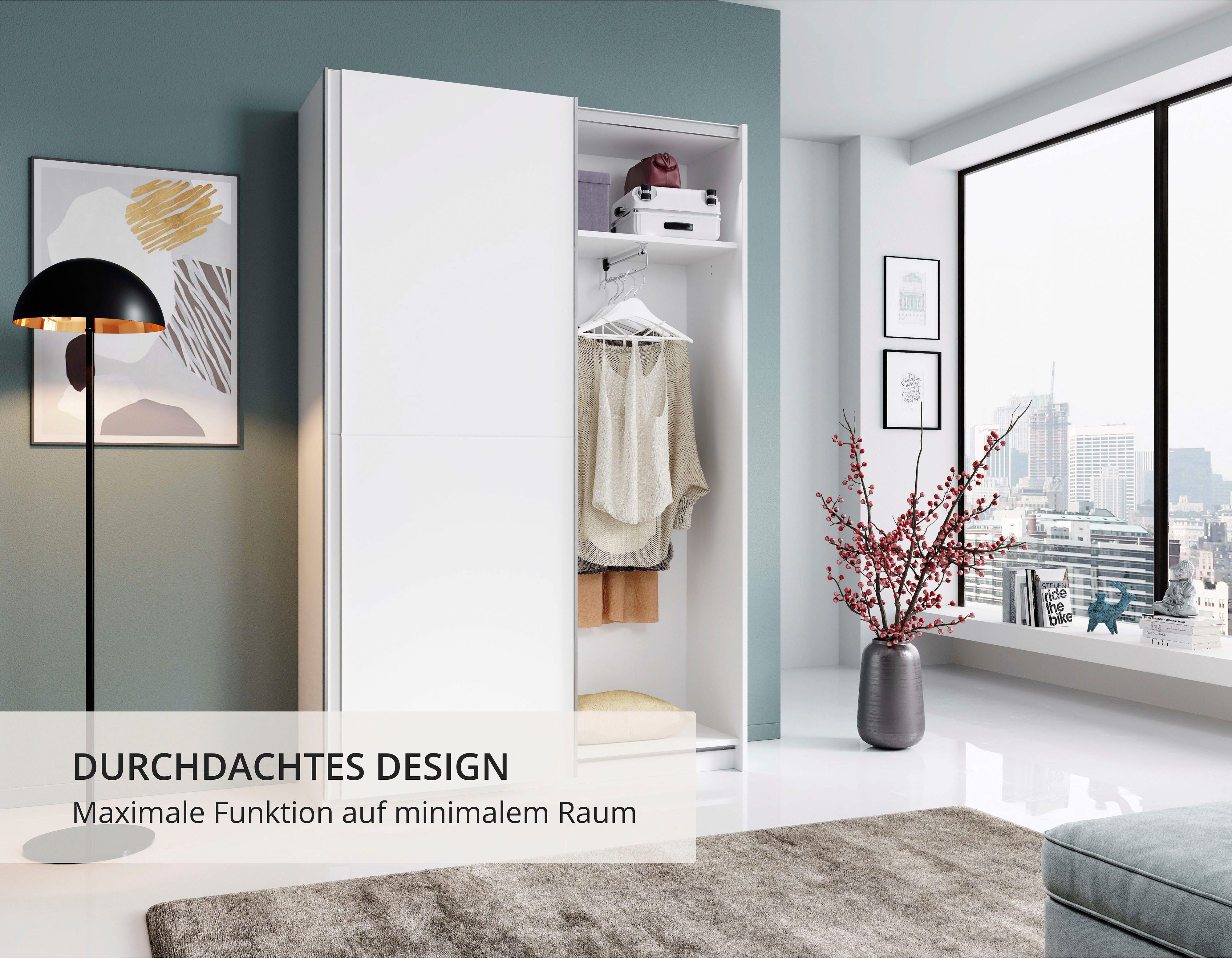 Schlafkontor Schwebetürenschrank Heimo/Fast Schrank Kleiderschrank Garderobe OTTO´s CHOICE geringe Tiefe, ausziehbarer Kleiderstange, Garderobenschrank, 6 Böden