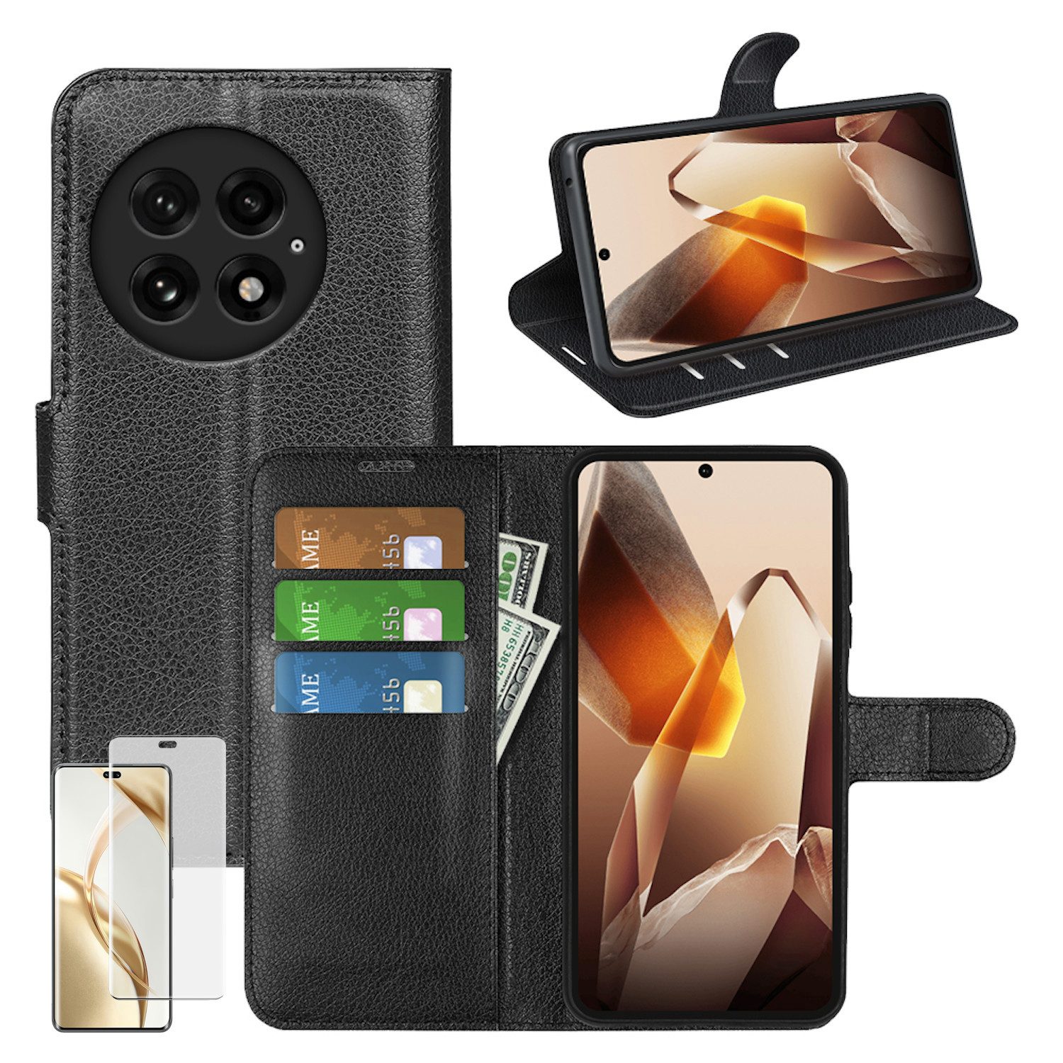 Wigento Smartphone-Hülle Für OnePlus 13R Book Wallet Handy Tasche Schwarz + 4D Curved Hart Glas, Produktset Kunst-Leder Tasche + 4D Curved Glas