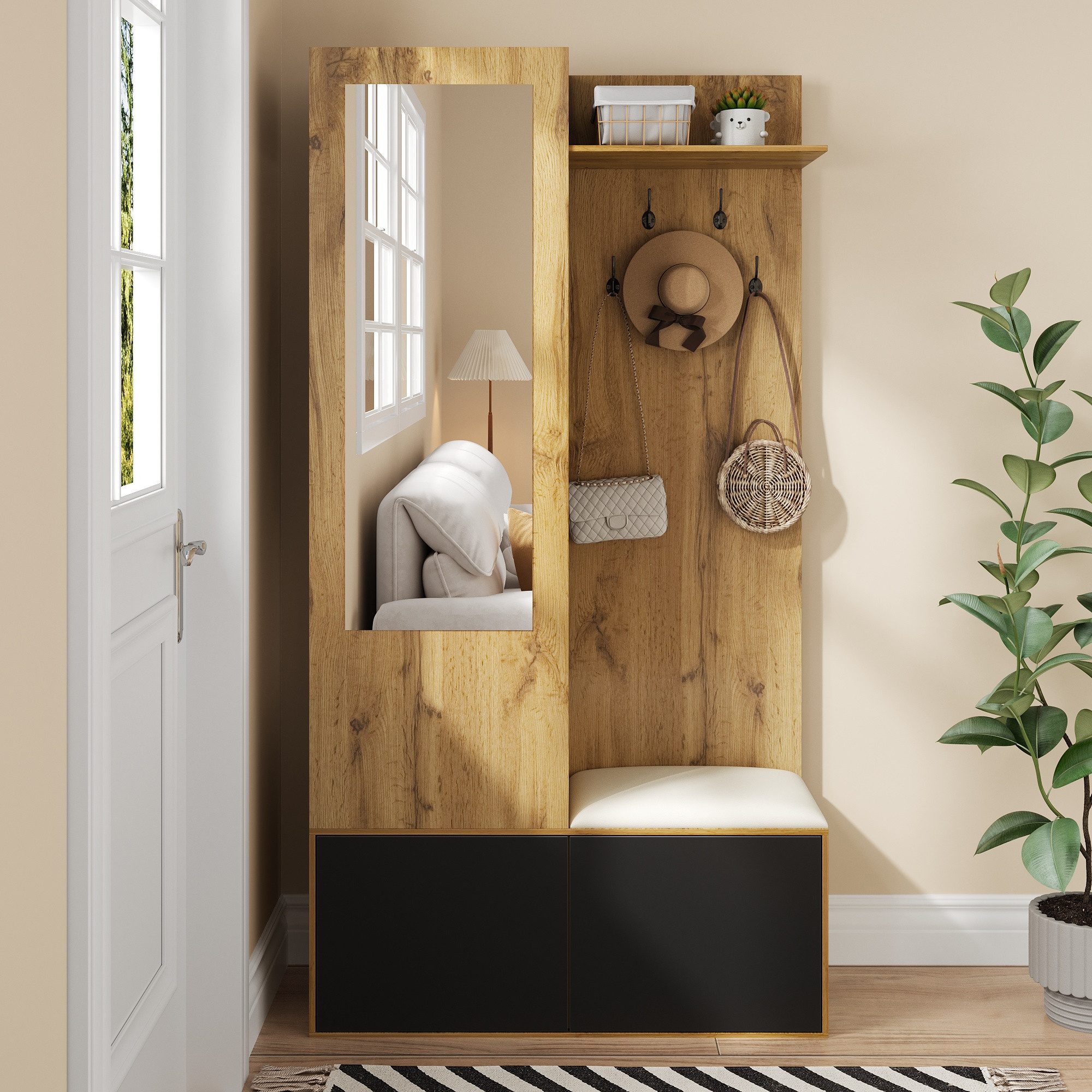 KLAM HOME Garderoben-Set Garderobenset mit 5 Garderobenhaken, Spiegel, Schuhschrank, (Kleiderschrank-Set, 1-St., versteckter Stauraum), Einbauschrank mit oberen Regalen, Schubladen, oberen Ablagefächern