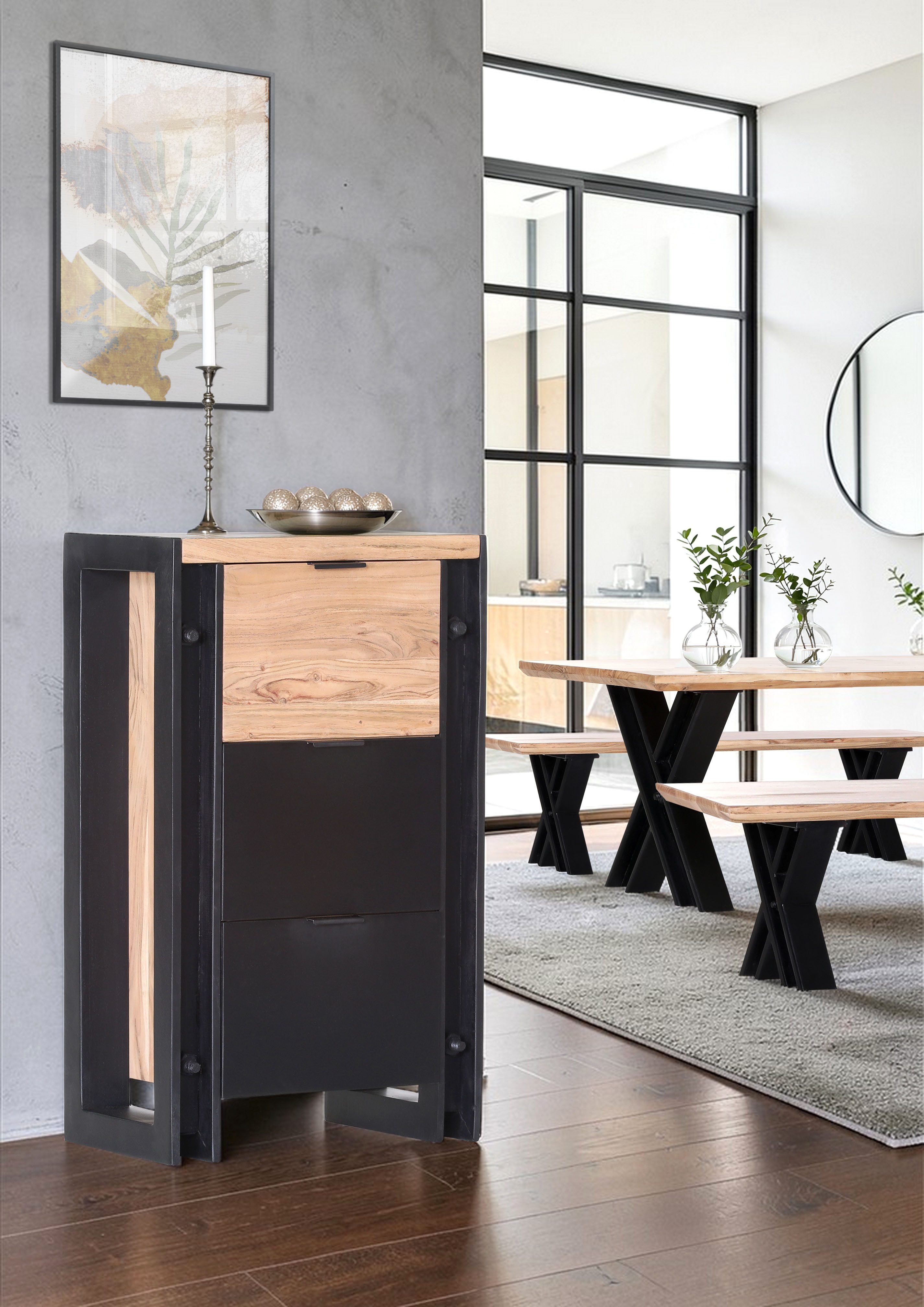 Gutmann Factory Kommode Massivholzkommode aus Akazie, massiv natur, Höhe 98 cm, Gestell schwaz lackiert, in Stahl-Optik