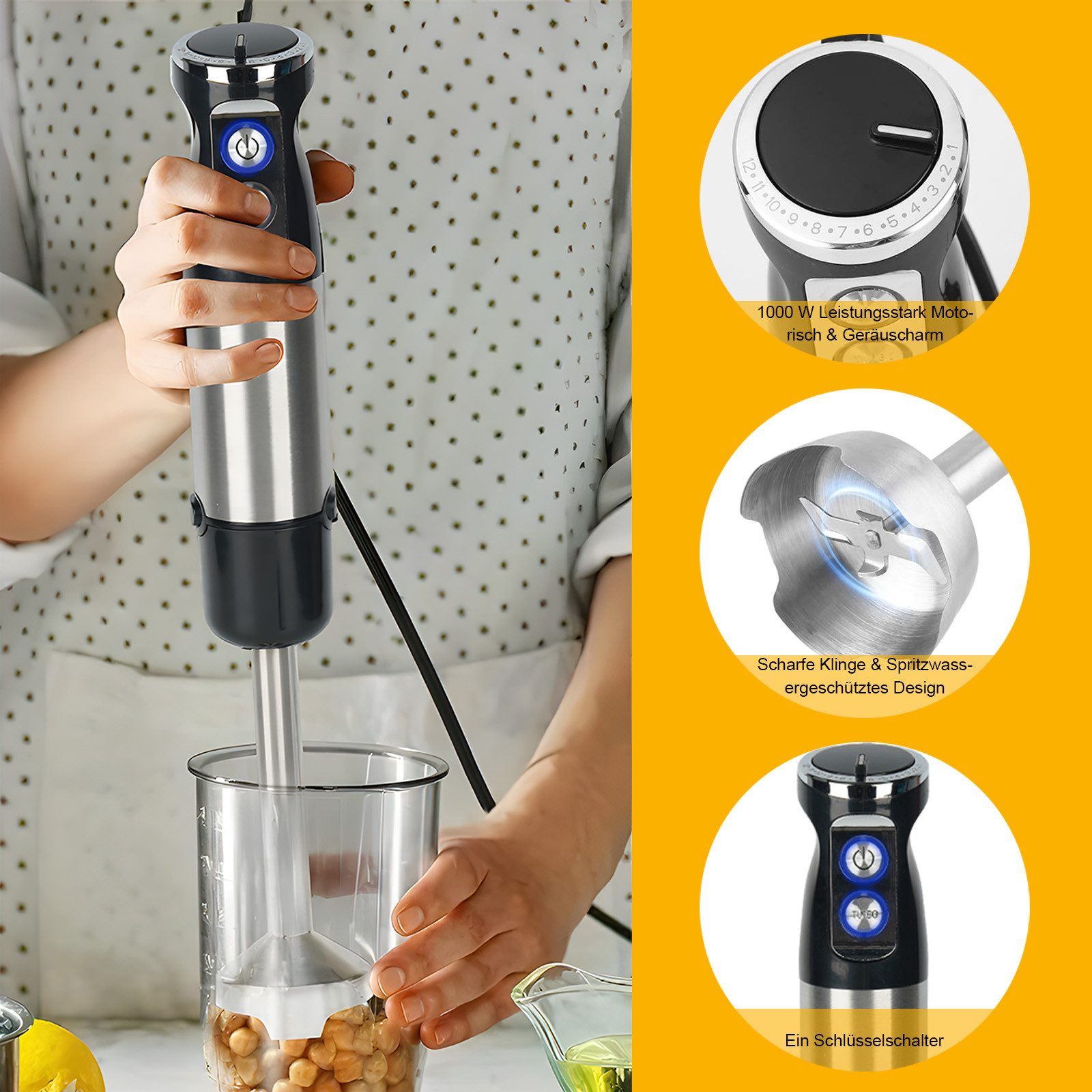 AKKEE Stabmixer Elektrischer Stabmixer Set 6 in 1 Pürierstab Edelstahl Handmixer, 800 W, Spritzwasserschutzfunktion – Bild 4 von 5
