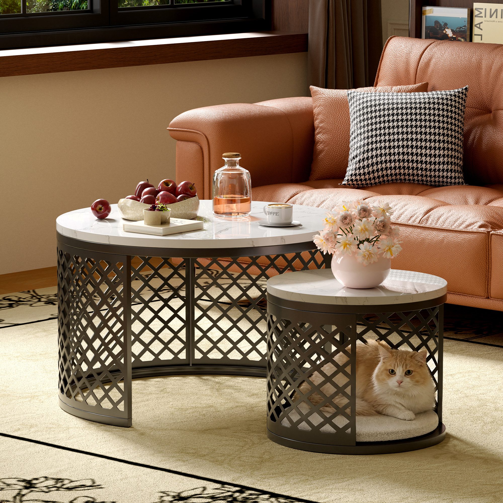 STILVORA Couchtisch Wohnzimmertisch für couch Sofatisch mit Haustierbereich&Haustiermatte (2-teilig, groß+klein, stapelbar, Marmoroptik, Ø70×H45 & Ø45×H35, Tierpolster abnehmbar, 	Hitzebeständig bis 200 °C), für Wohnzimmer, Familien, Haustiere, flexible kleine Räume
