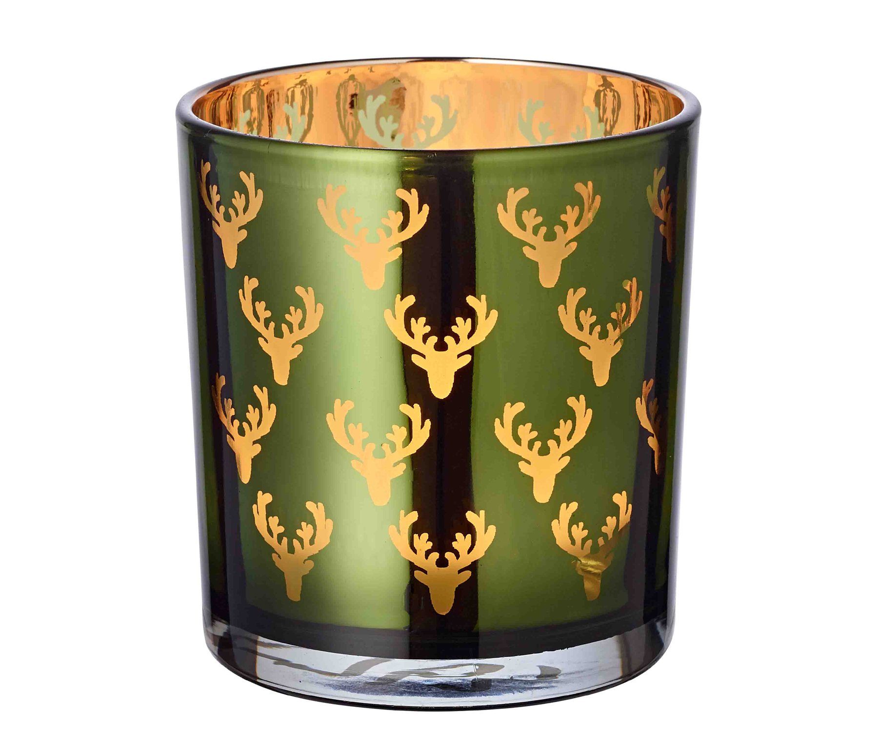 EDZARD Windlicht Dirk, 2er-Set, Glas, Hirsch-Motiv, grün und gold, H 8 cm, Ø 7 cm