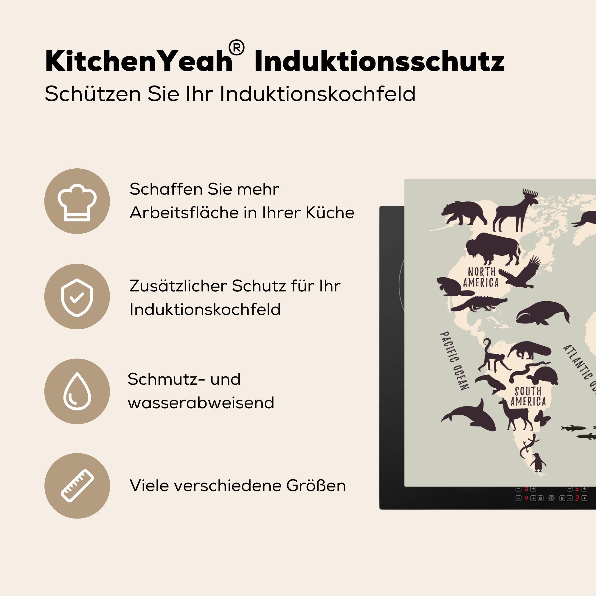 Grau, Induktionskochfeld (1 für cm, die MuchoWow - Vinyl, Schutz Weltkarte - Ceranfeldabdeckung Herdblende-/Abdeckplatte tlg), küche, Kinder 81x52