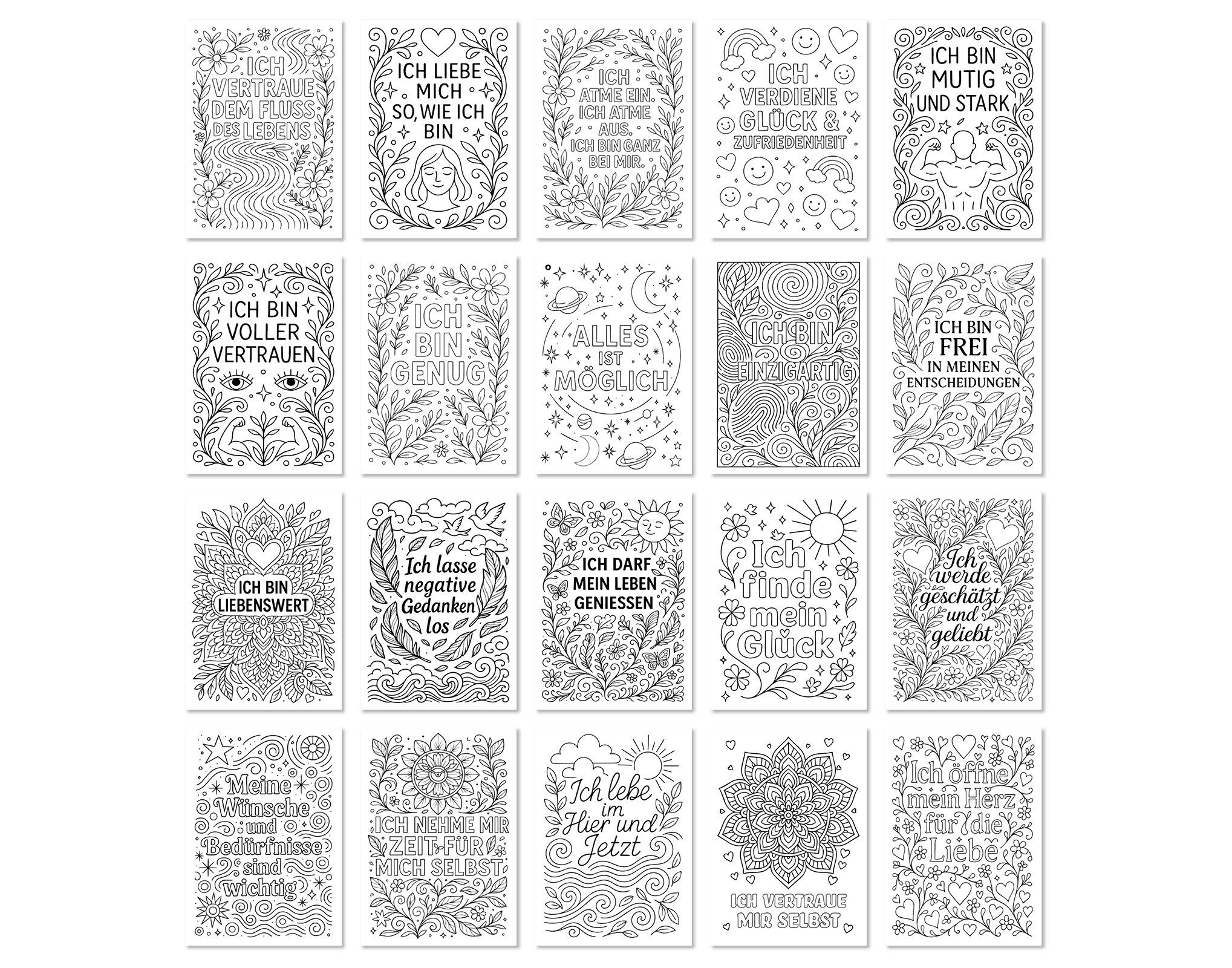 TypeStoff Grußkarten TypeStoff 20er Ausmal-Postkarten Set DIN A6 – Motive & Affirmation, Ausmalbar, Nachhaltiges Papier