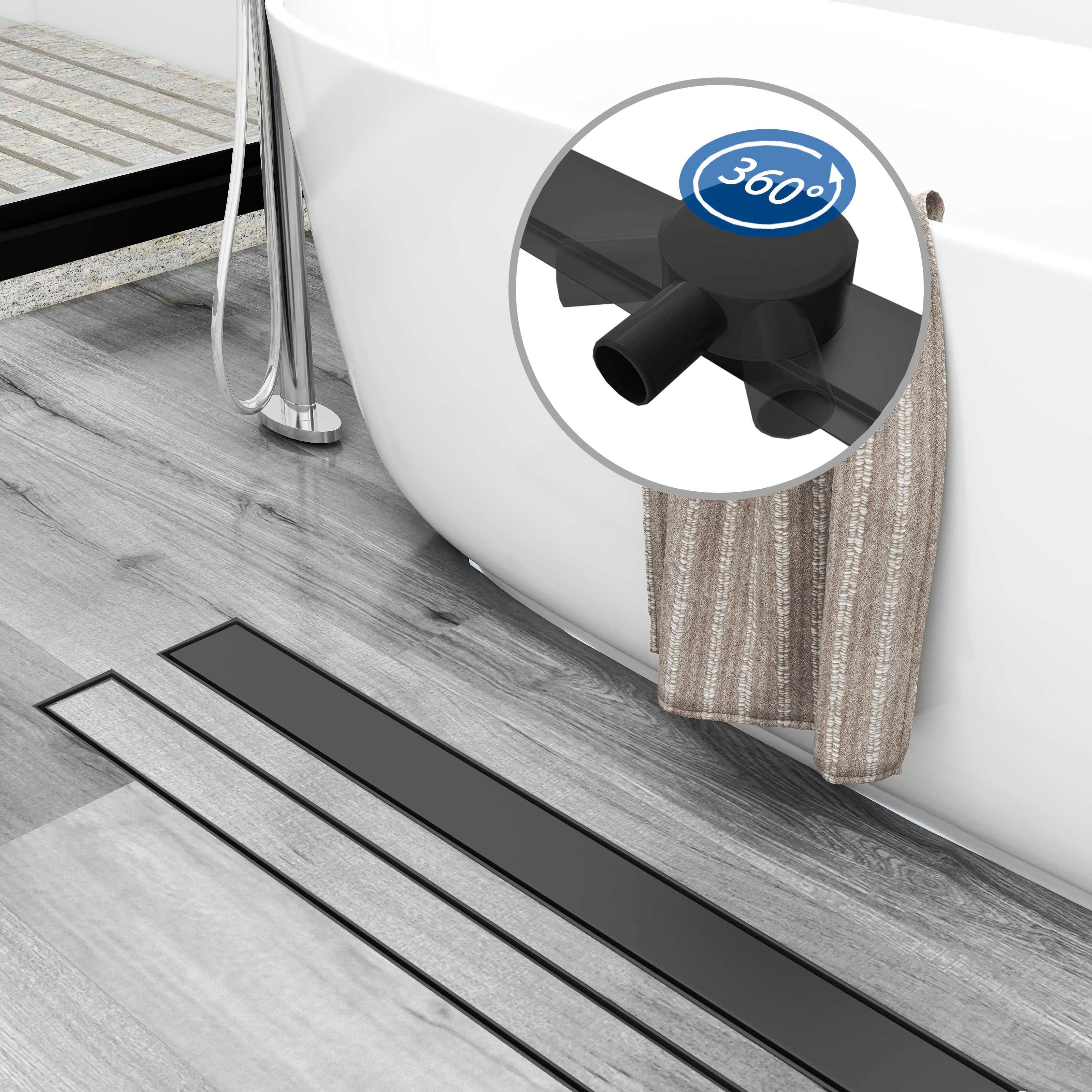 duschspa Duschrinne Schwarz Edelstahl Bodenablauf befliesbar,2 in 1 Doppelseitig Design mit 360° ↻ Drehbarem Siphon, Geruchsstop und Haarsieb, Komplettset, Rostbeständig Korrosionsresistant