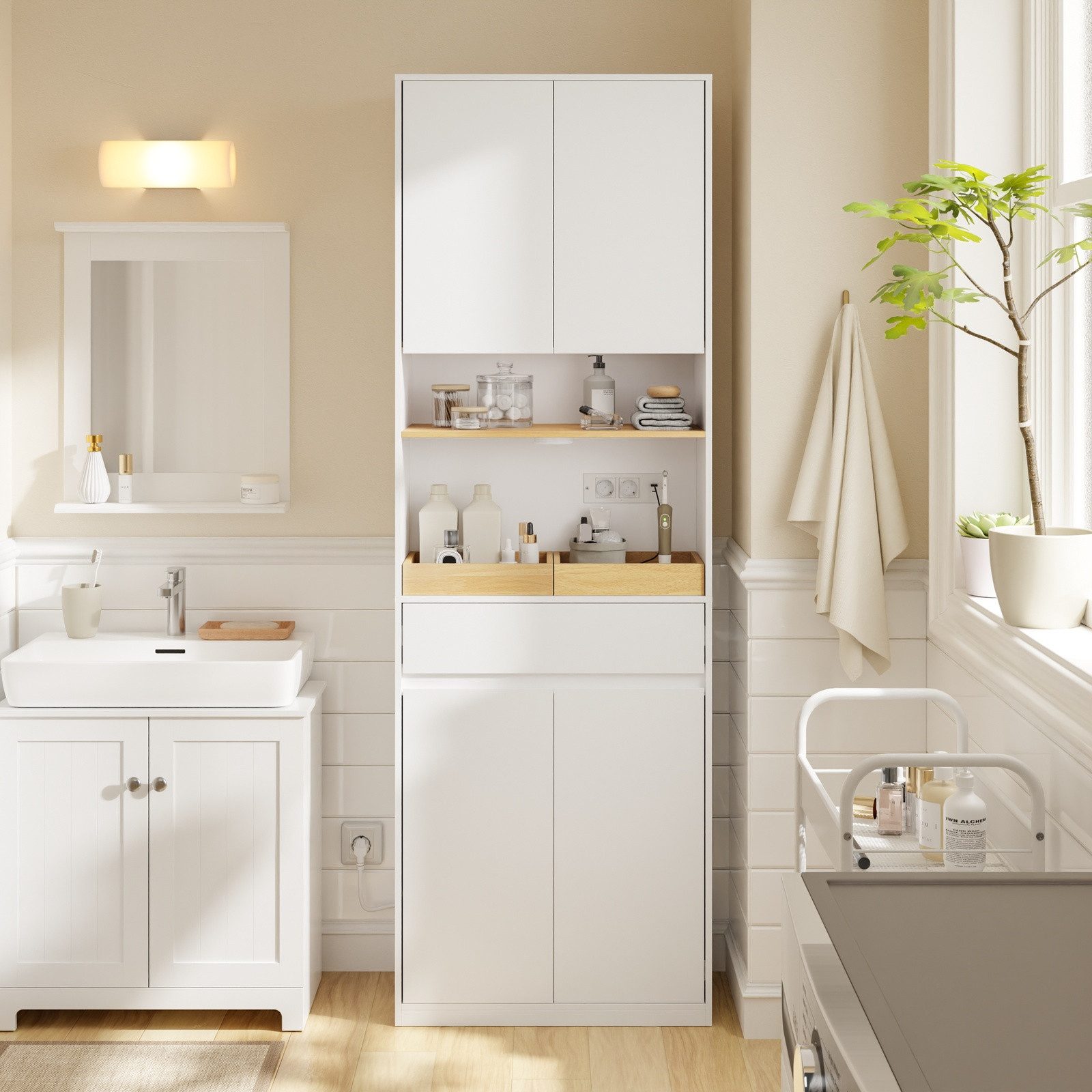 SoBuy Hochschrank BZR241-E, Badezimmerschrank schmal, mit LED Sensorleuchte & Steckdose (1er Set) Badkommode Badschrank, mit Türen, Schubladen & Ausziehbarer Wä – Bild 2 von 5
