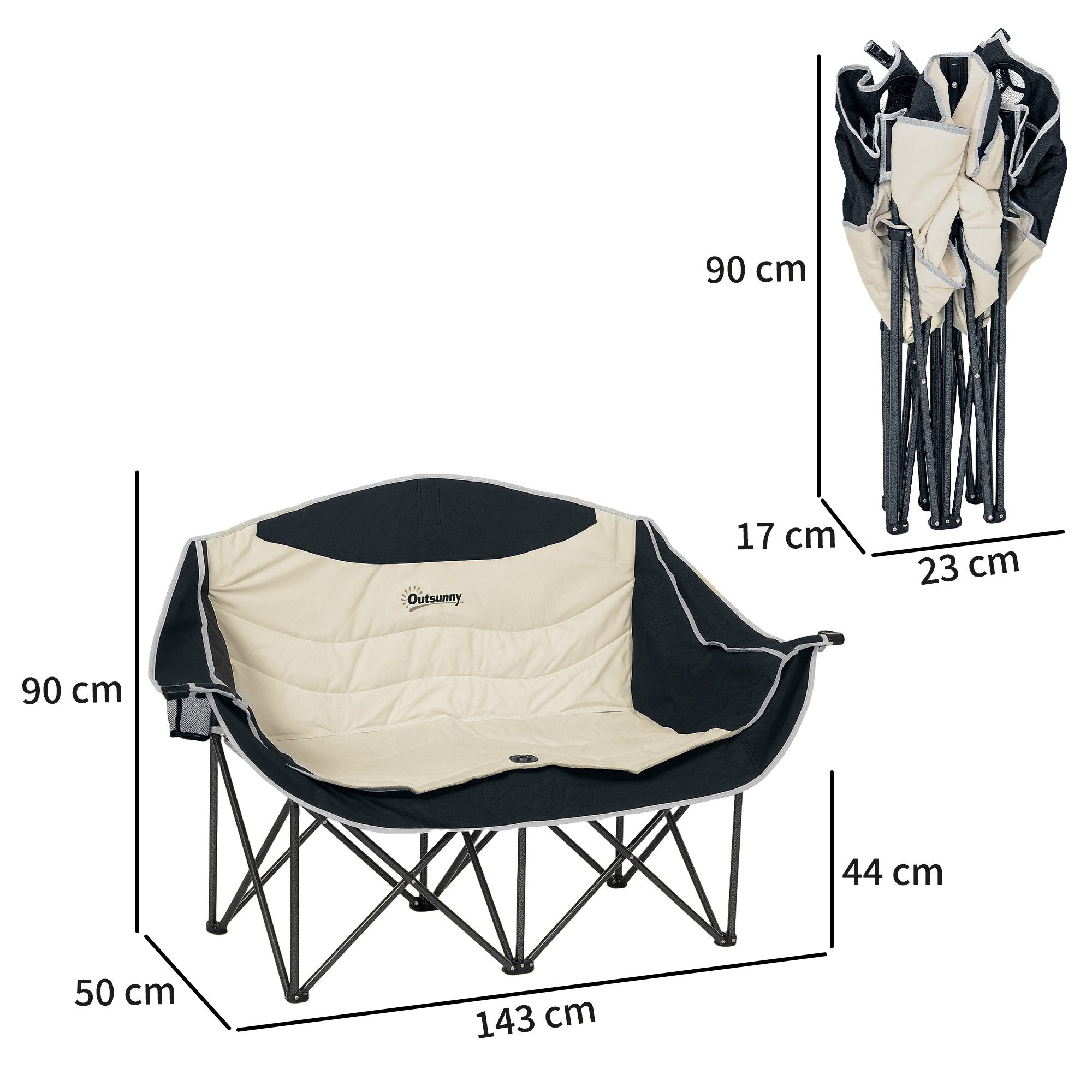 Outsunny Campingstuhl Klappstuhl robust leicht gepolstert Angelstuhl Gartenstuhl (2 Sitzer Faltstuhl, 1 St), bis 250kg belastbar, für Garten Camping Strand