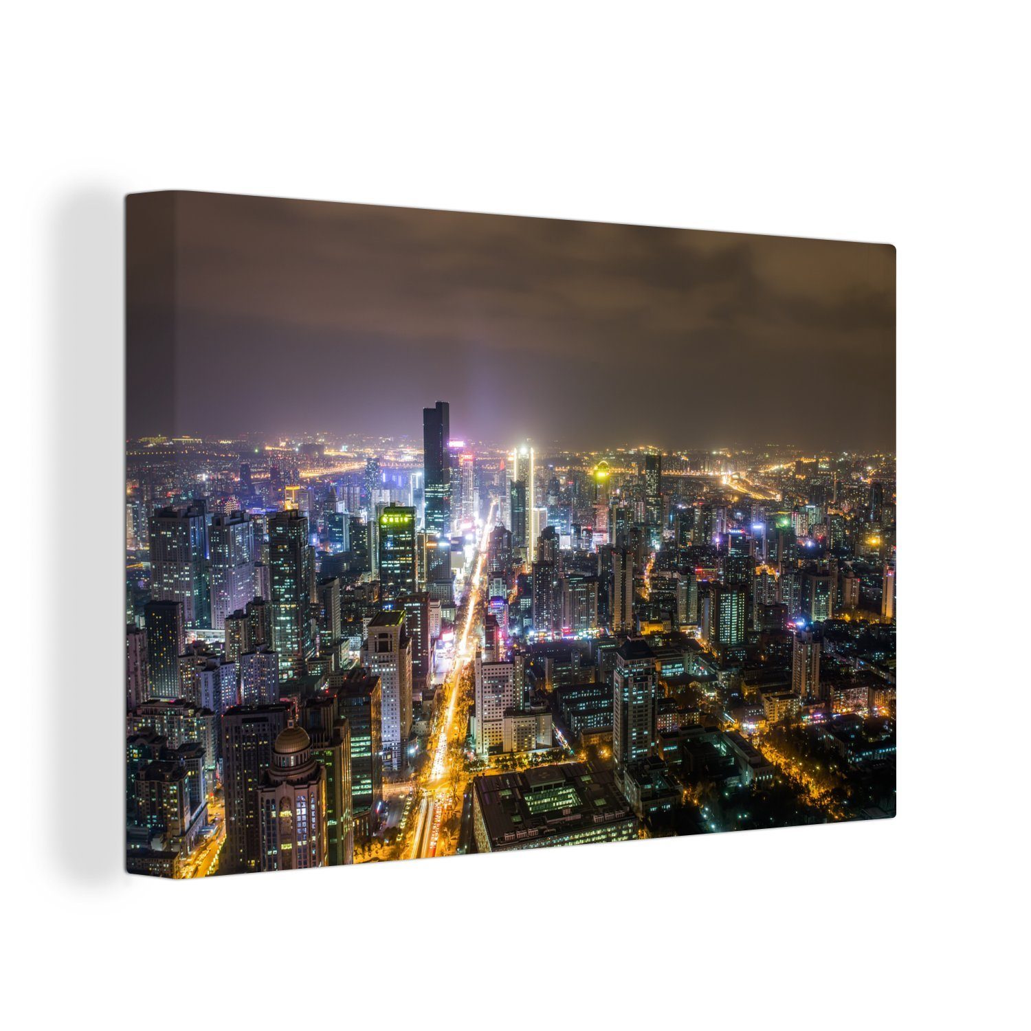 OneMillionCanvasses® Leinwandbild Abendlicher Blick auf die chinesische Metropole Nanjing, (1 St), Wandbild Leinwandbilder, Aufhängefertig, Wanddeko, 30x20 cm