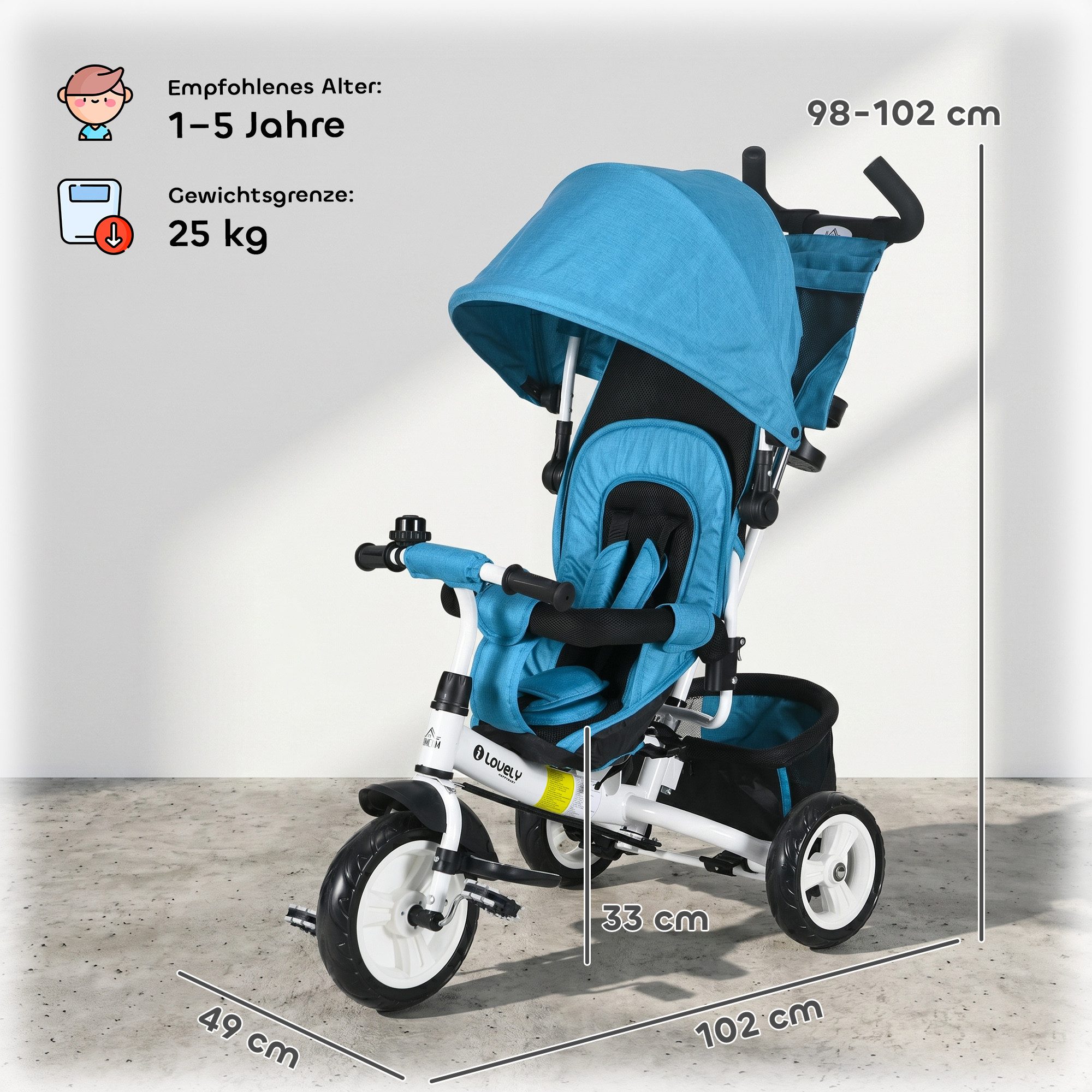 HOMCOM Dreirad 6-in-1 Kinderdreirad mit Schubstange, für 1-5 Jahre bis 25kg, blau, abnehmbarem Verdeck, 5-Punkt-Sicherheitsgurt – Bild 3 von 5
