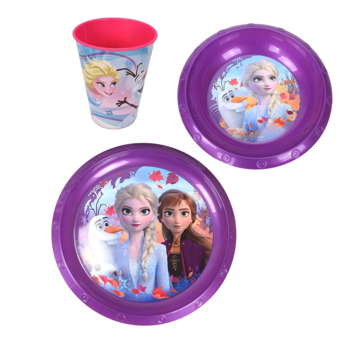 Marabellas Shop Geschirr-Set 3-tlg. Plastikgeschirr-Se für Kinder Disney Frozen oder Peppa Wutz, Kunststoff Lila