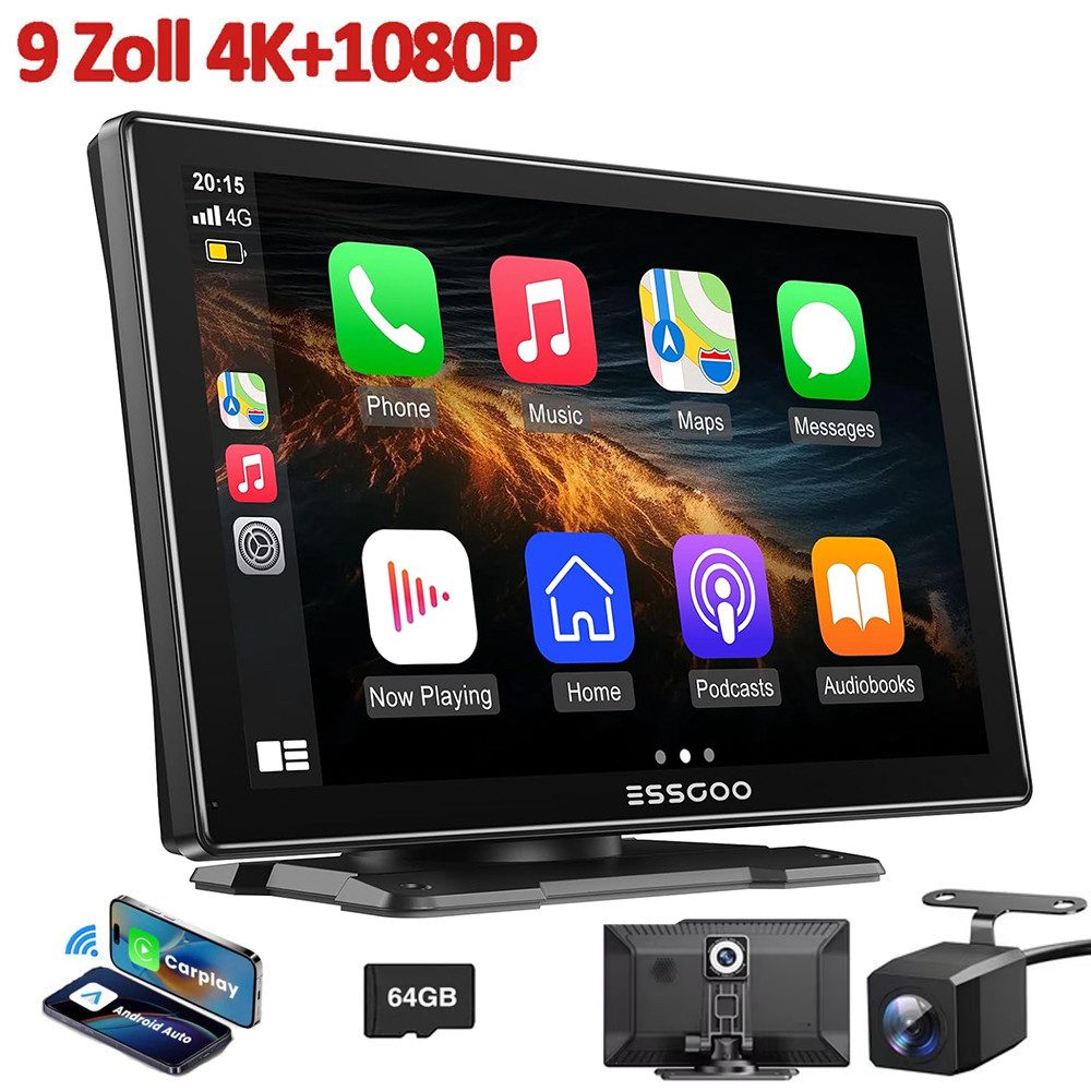 4K HD 9'' Apple Carplay Android Auto Dashcam mit Rückfahrkamera BT GPS Navigationsgerät
