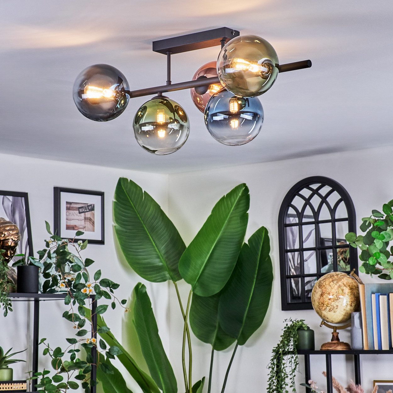 hofstein Deckenleuchte Deckenlampe aus Metall/Glas in Schwarz/Blau/Grün/Kupferfarben/Klar, Deckenleuchte im Retro/Vintage-Design (Schirme Ø 15 cm), 5 x G9