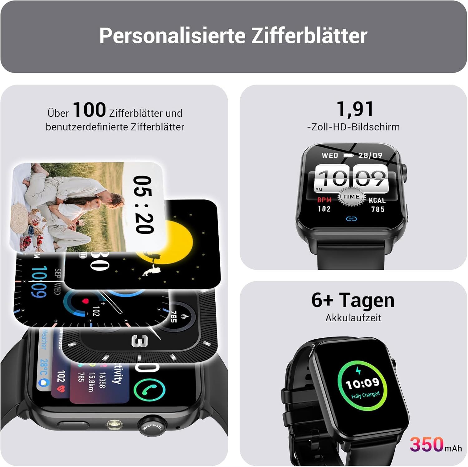 IOWODO Smartwatch Damen Herren 1,91" HD Touch, mit LED Lampe& Bluetooth Anruf Smartwatch, mit Wechselband aus weichem Silikon und Ladekabel, 5 Tage Akku,350 mAh,SpO₂/HR/Schlaf,App-Fitnesskurse,Schrittzähler,IP68