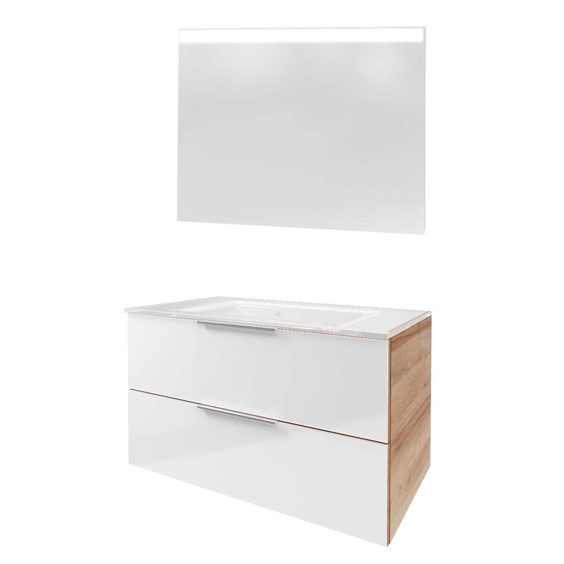 FACKELMANN Badmöbel-Set B. BRILLANT Badmöbel Set 3-teilig 100 cm, Glas Weiß + LED-Spiegel