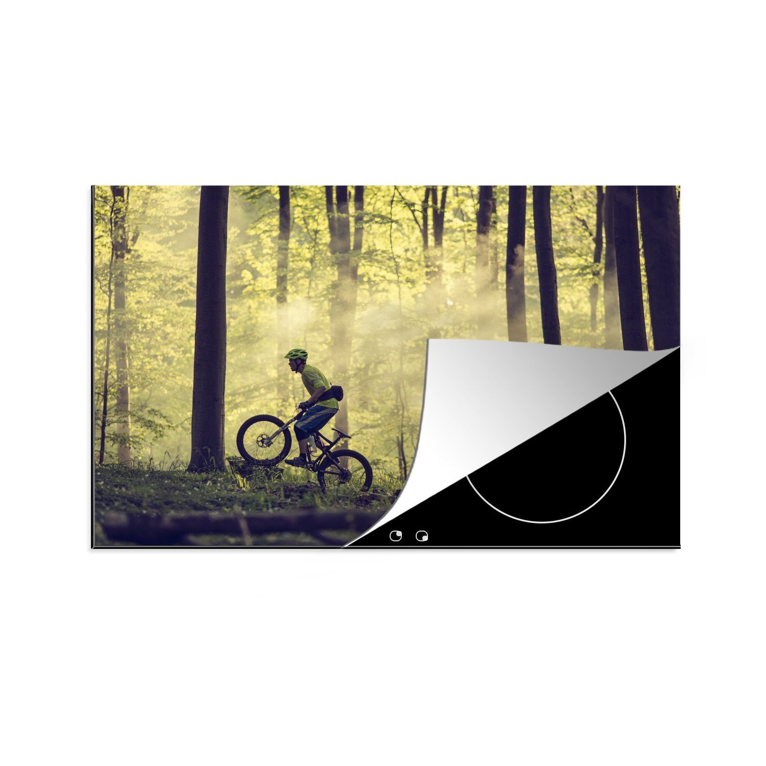 MuchoWow Herdblende-/Abdeckplatte Mit dem Mountainbike durch die Wälder Dänemarks, Vinyl, (1 tlg), 81x52 cm, Induktionskochfeld Schutz für die küche, Ceranfeldabdeckung