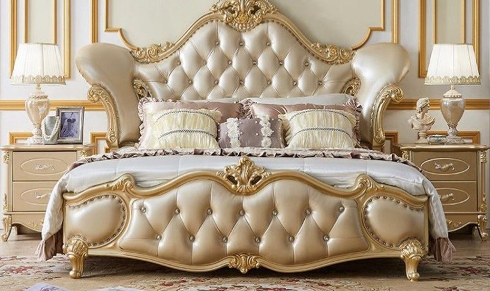 JVmoebel Bettgestell Massivholz Doppelbett in klassischem Design mit Lederpolsterung (1-tlg)