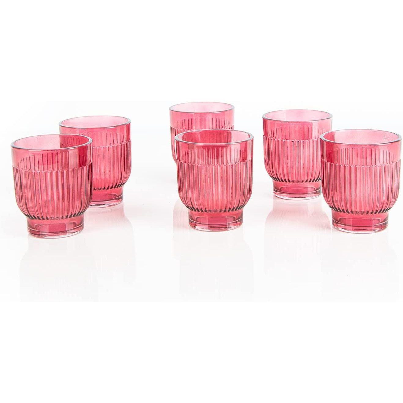 Logbuch-Verlag Dekofigur 6 Teelichthalter aus Glas mit Rillen - rosa pink 7 x 8 cm