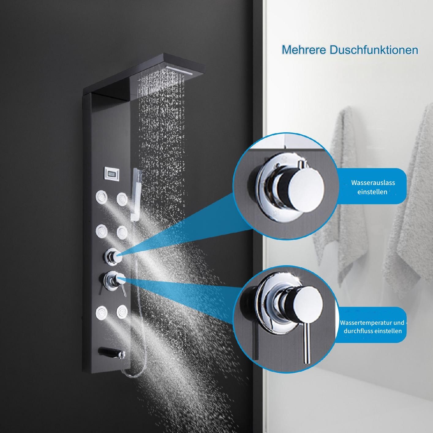 Vellora Duschsystem 304 Edelstahl Duschabtrennung, Schwarz, mit Temperaturanzeige, G1/2", 5 Strahlart(en), Riffel-Nickel-Verarbeitung, 1 tlg., Wasserstromerzeugung, 5 Arten von Wasserabgabemodi