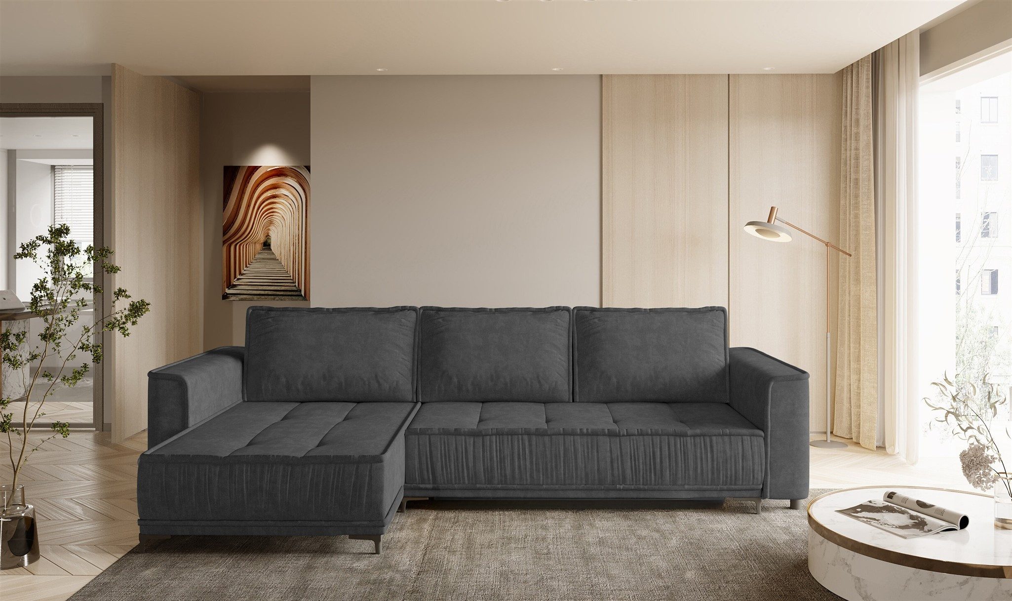 Fun Мебель Ecksofa Schlafsofa JUNA mit Ottomane in Stoff Terra, inkl. Bettkasten, Rundumbezug