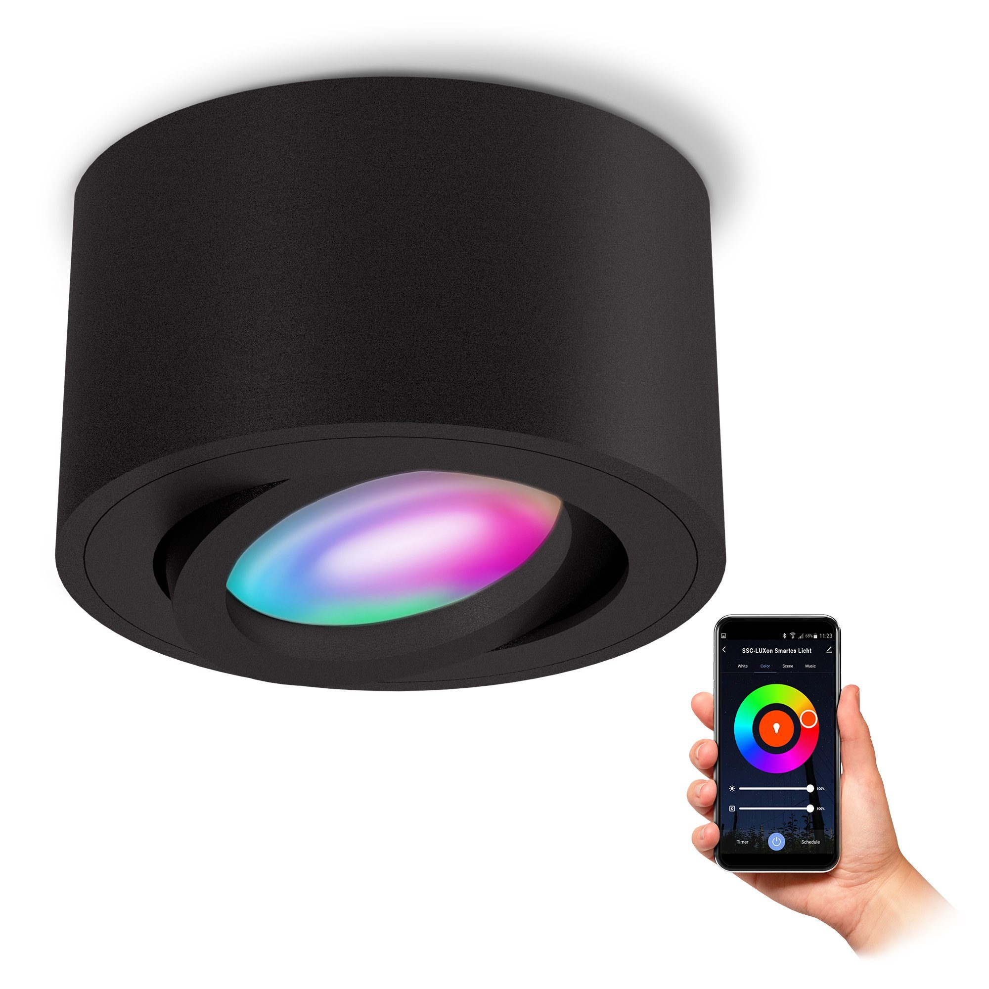 SSC-LUXon LED Aufbaustrahler CELI-1BM Aufbauspot schwarz flach schwenkbar mit LED RGB WiFi, RGB & Weißtöne