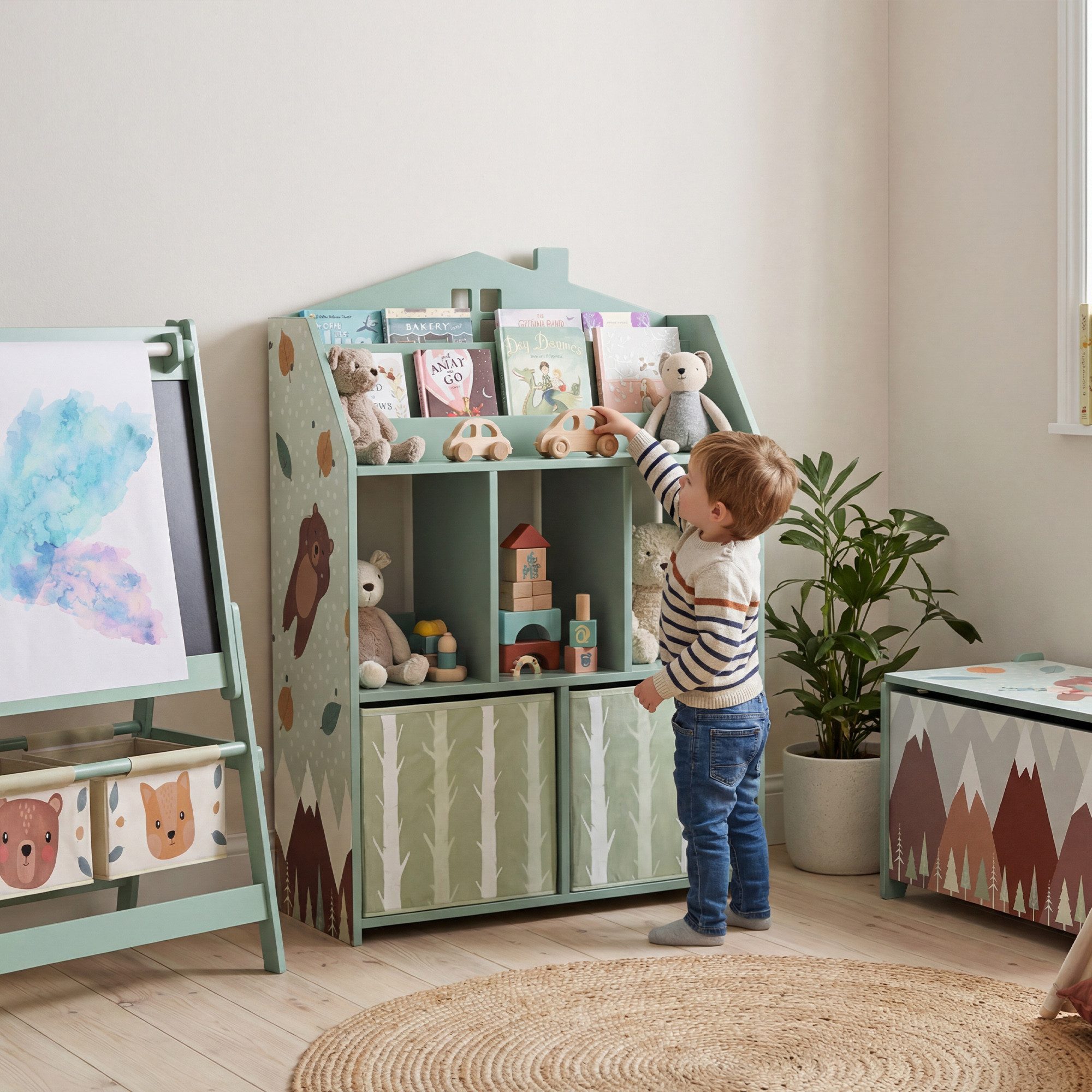 AIYAPLAY Kinderregal Spielzeugregal mit 2 Stoffschubladen offen Regal, Bücherregal Kinder 1-tlg., für 3-8 Jahre für Spielzeug Bücher 62,5x30x91,5 cm Grün