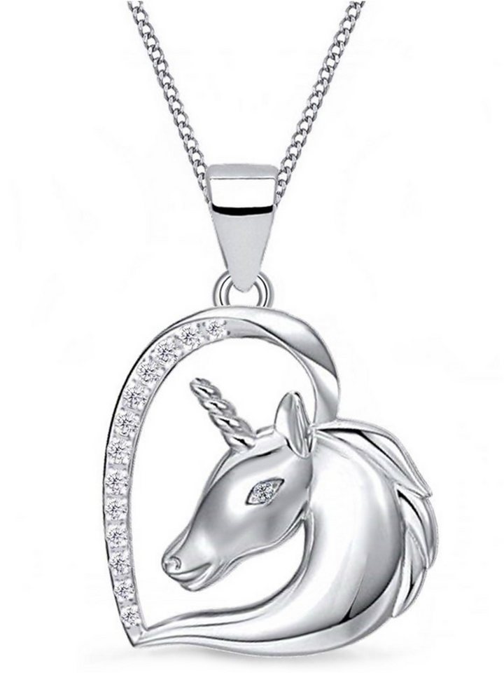 Goldene Hufeisen Kette mit Anhänger Mädchen Kinder Kette Einhorn Pferd aus 925 Silber Herz Zirkonia (Set Schmuckset, inkl. Etui), Rhodiniert