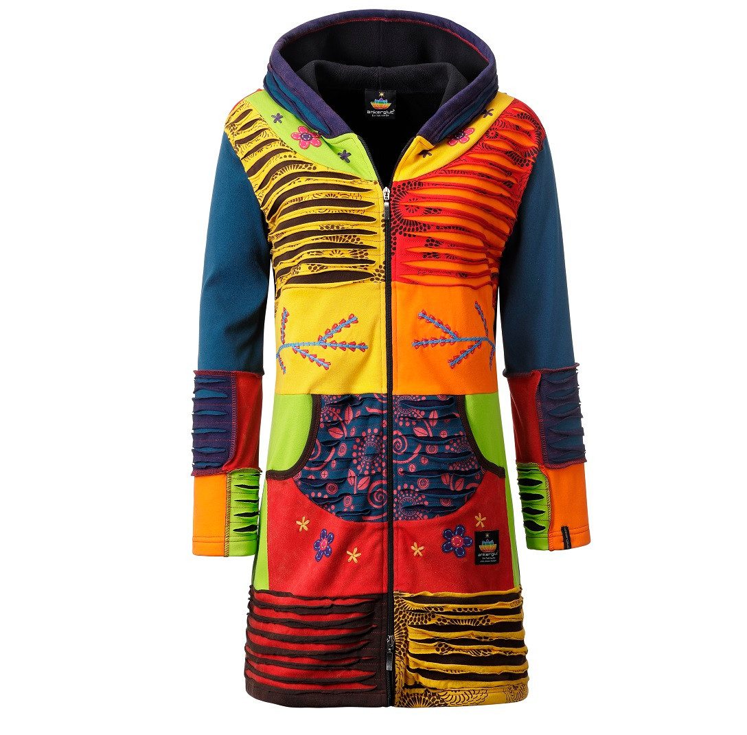 ankerglut Funktionsjacke Ankerglut Stern Damen Patchwork Mantel / Long Jacke + Große Größen Warme Patchworkjacke mit Fleecefutter und Kapuze