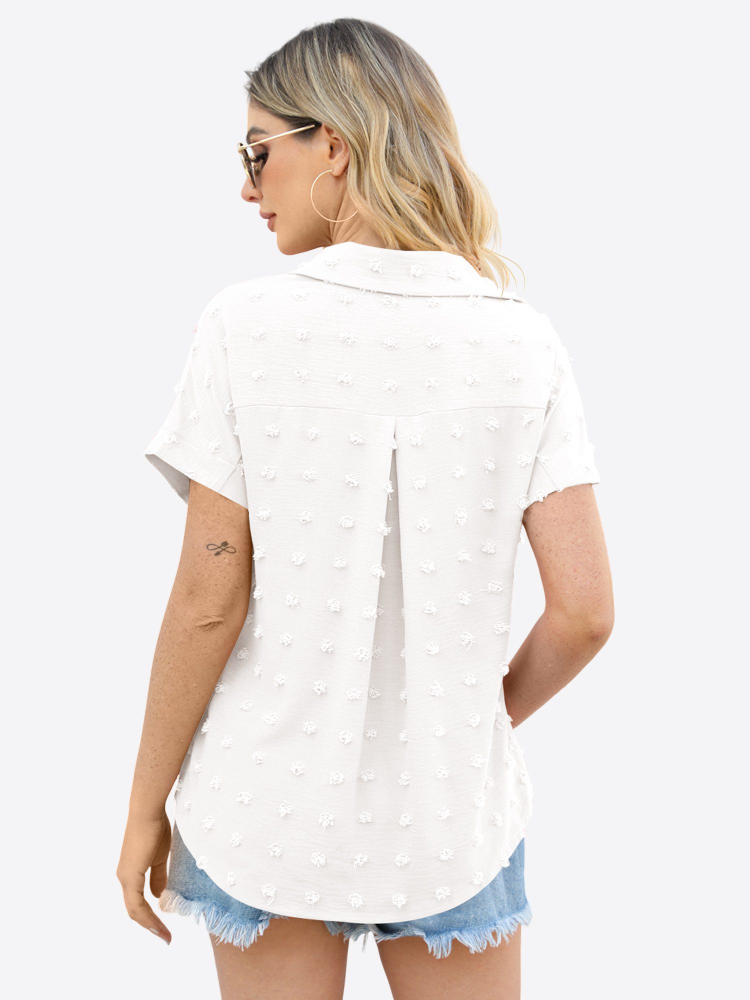 Imily Bela Blusenshirt Damen Kurzarm Casual Oberteil (Packung, 1-tlg., 1per-Pack) mit Textur-Punkten und Hemdkragen