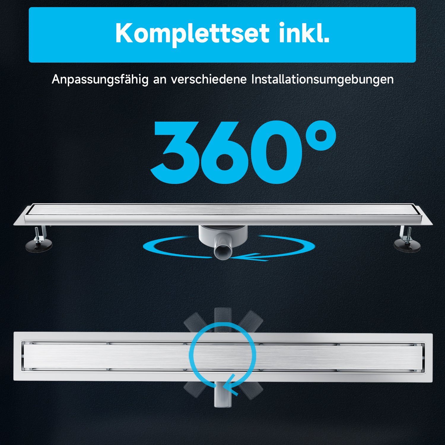 SONNI Duschrinne Edelstahl Duschrinne 50-110 cm 360° verstellbarer Bodenablauf Flach, mit Geruchsstop und Haarsieb Randablauf,mit Bodenbefestigung