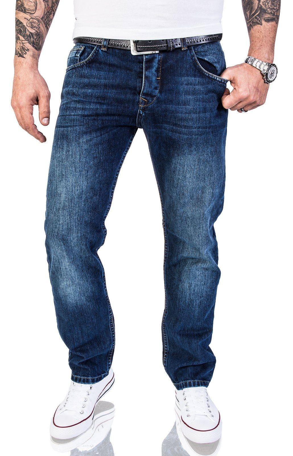 Creek Dunkelblau Herren RC-2140 Rock Jeans Stonewashed Straight-Jeans