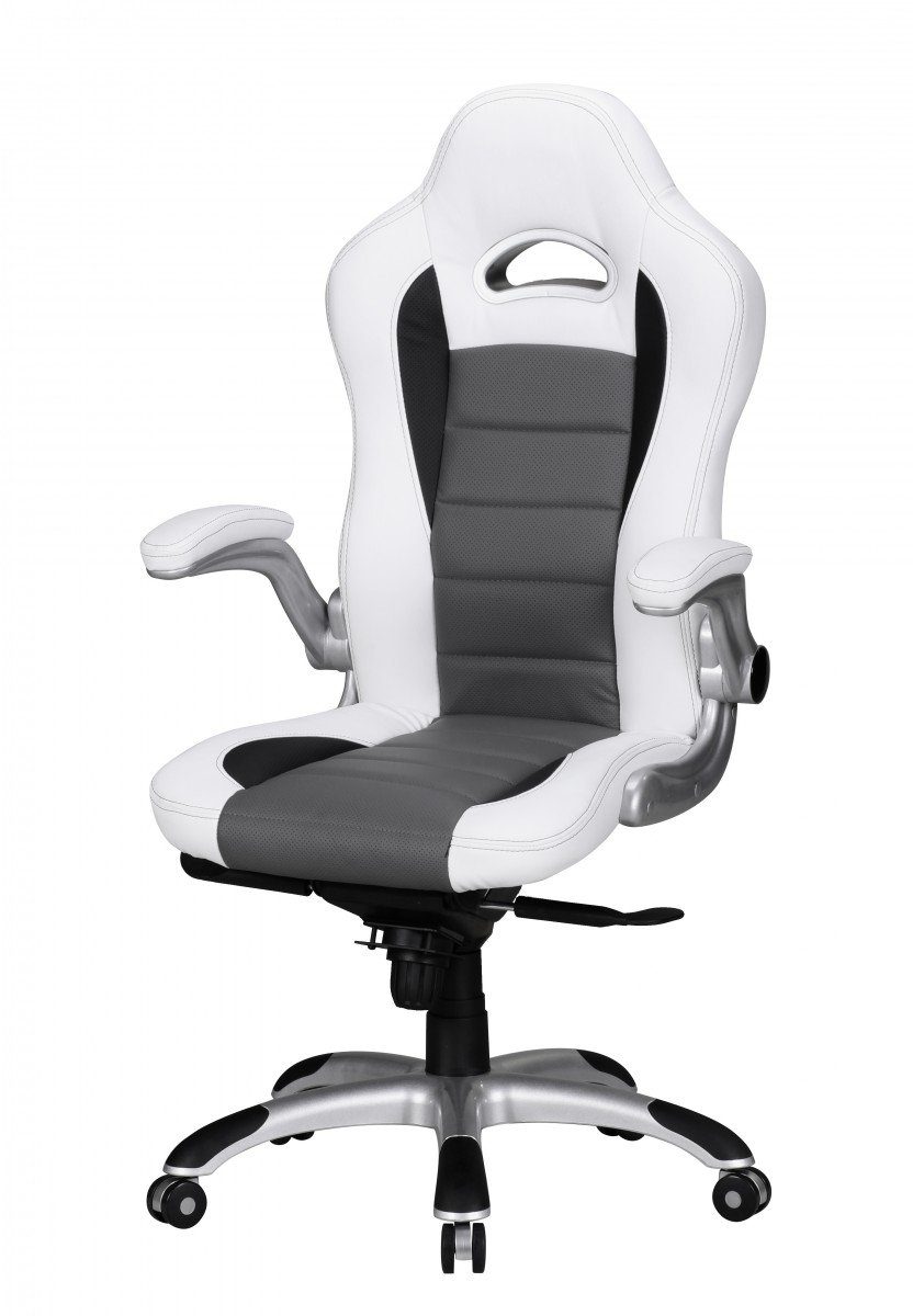 Amstyle Gaming Chair SPM1.238 (Kunstleder Weiß / Grau, Drehstuhl Racing Design), Schreibtischstuhl Drehbar, Bürostuhl mit Armlehne