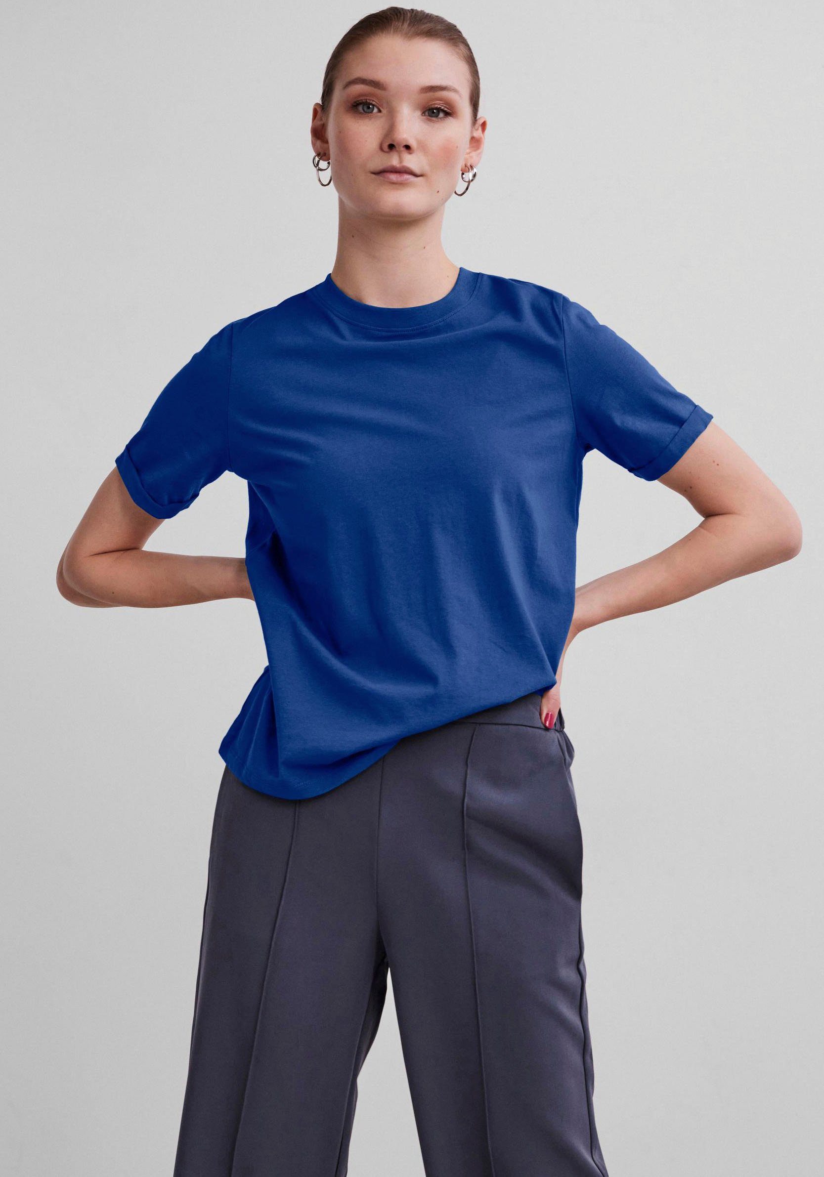 pieces Rundhalsshirt PCRIA SS FOLD UP SOLID TEE NOOS BC Mazarine Blue