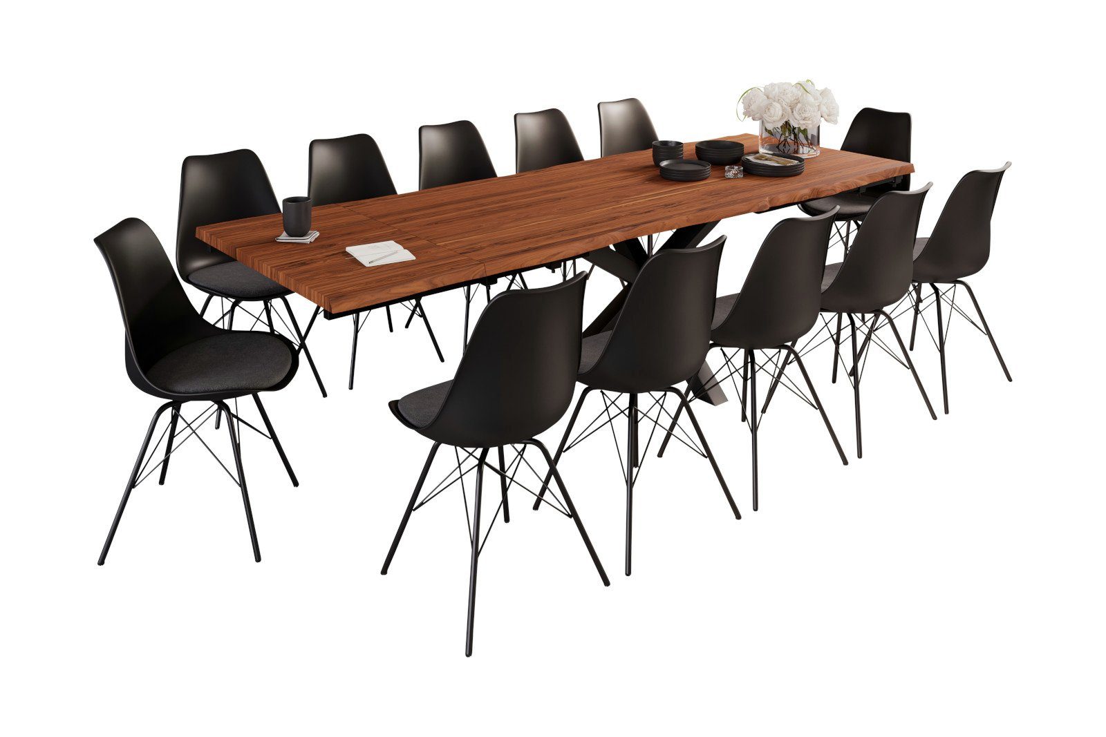 SAM® Essgruppe Hilo, natürliche Baumkante, Akazienholz, mit 2 Ansteckplatten und 12 Stühlen | Essgruppen