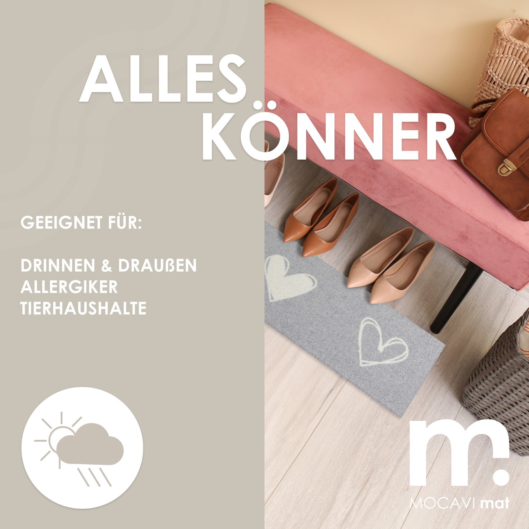 MOCAVI Läufer Läufer klein 30x100 Mat Schuhparkplatz Herzen beige, Läufer klein, Höhe: 300 mm