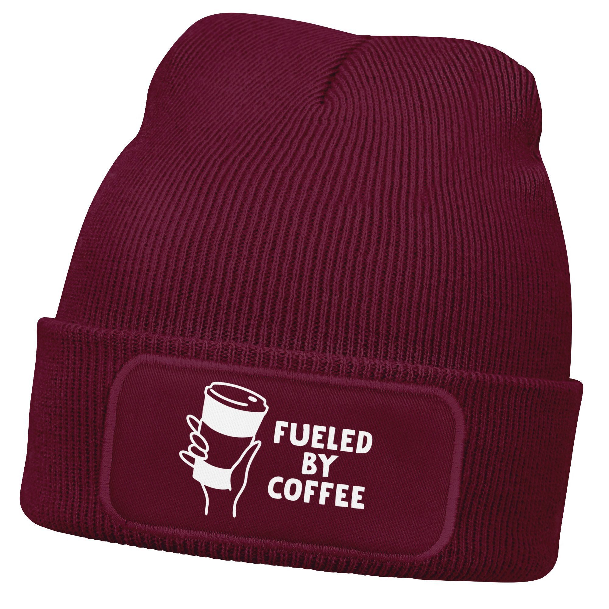Beanie Herren Beanie mit Patch Strickmütze Spruch Fueled by Coffe Aufdruck