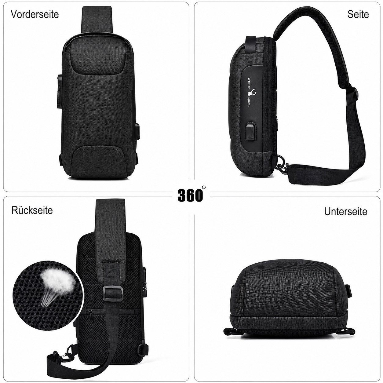 MOPUEA Schultertasche Brusttasche Sling Bag Umhängetasche Herren Wasserdichte Brusttasche (für Reisen Wandern Mehrere Taschen Crossbody Pack, 1-tlg), mit USB-La – Bild 4 von 5
