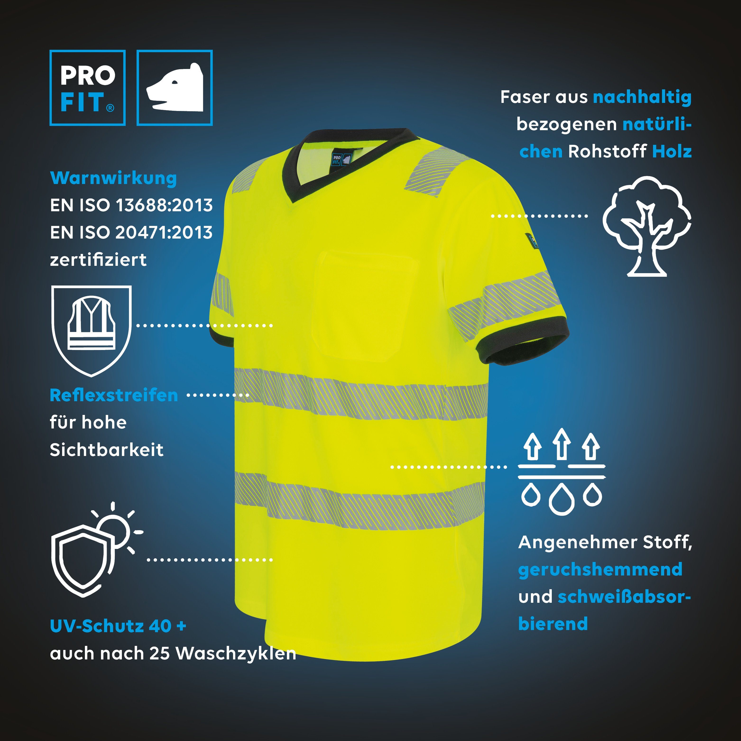 PRO FIT T-Shirt Warnschutz, Arbeits-Shirt, Warnshirt - Neongelb (1, Stück) Atmungsaktiv, Reflexstreifen, UV-Schutz, Allergiker geeignet, Unisex