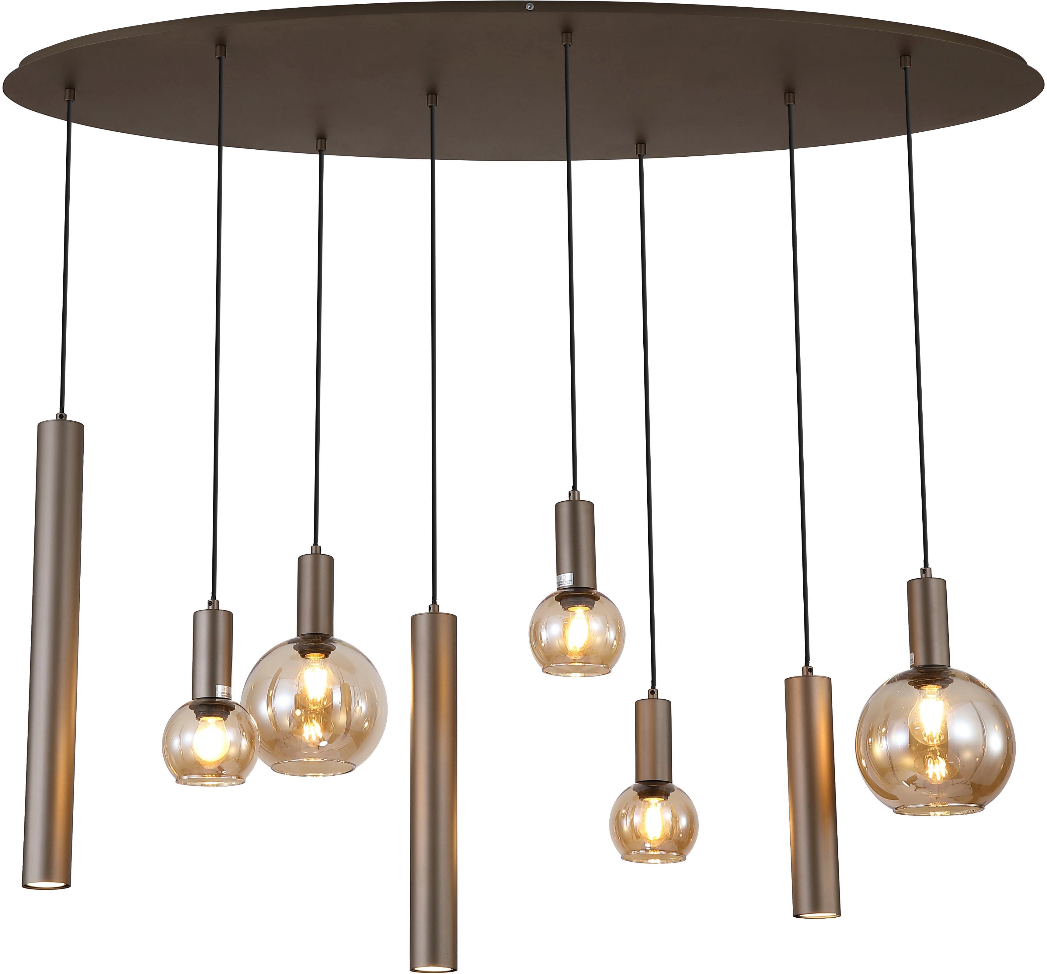 Searchlight Pendelleuchte Lyon 8Lt Anhänger, Latte Metall und Bernsteinglas, ohne Leuchtmittel