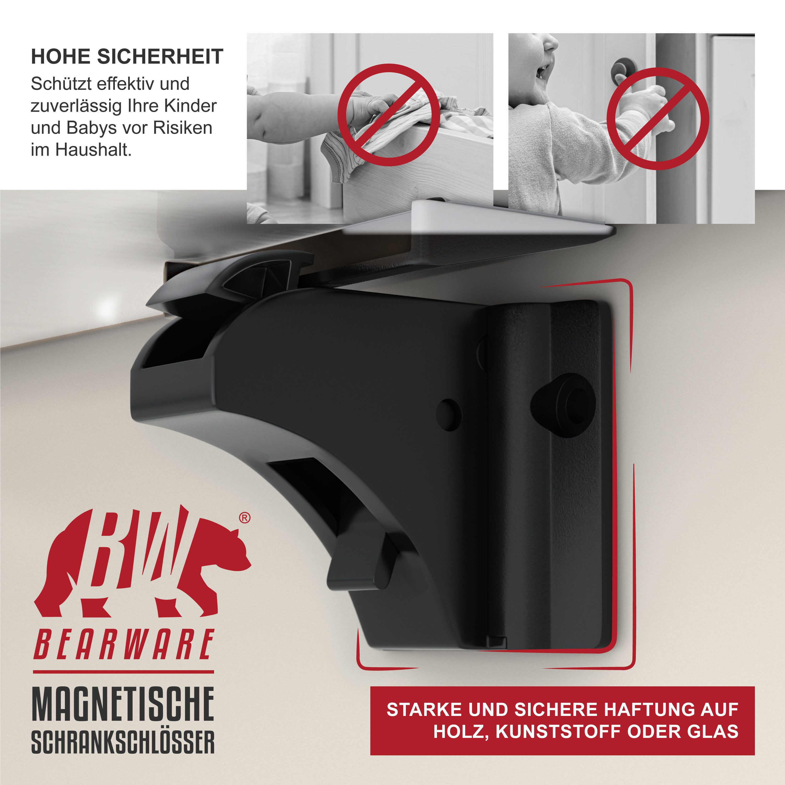 BEARWARE Kindersicherung Magnetisches Schrankschloss 10er, 2 Schlüssel, kindersicher, selbstklebend, bohrfrei, unsichtbar, für Schrank & Schublade – Bild 5 von 5