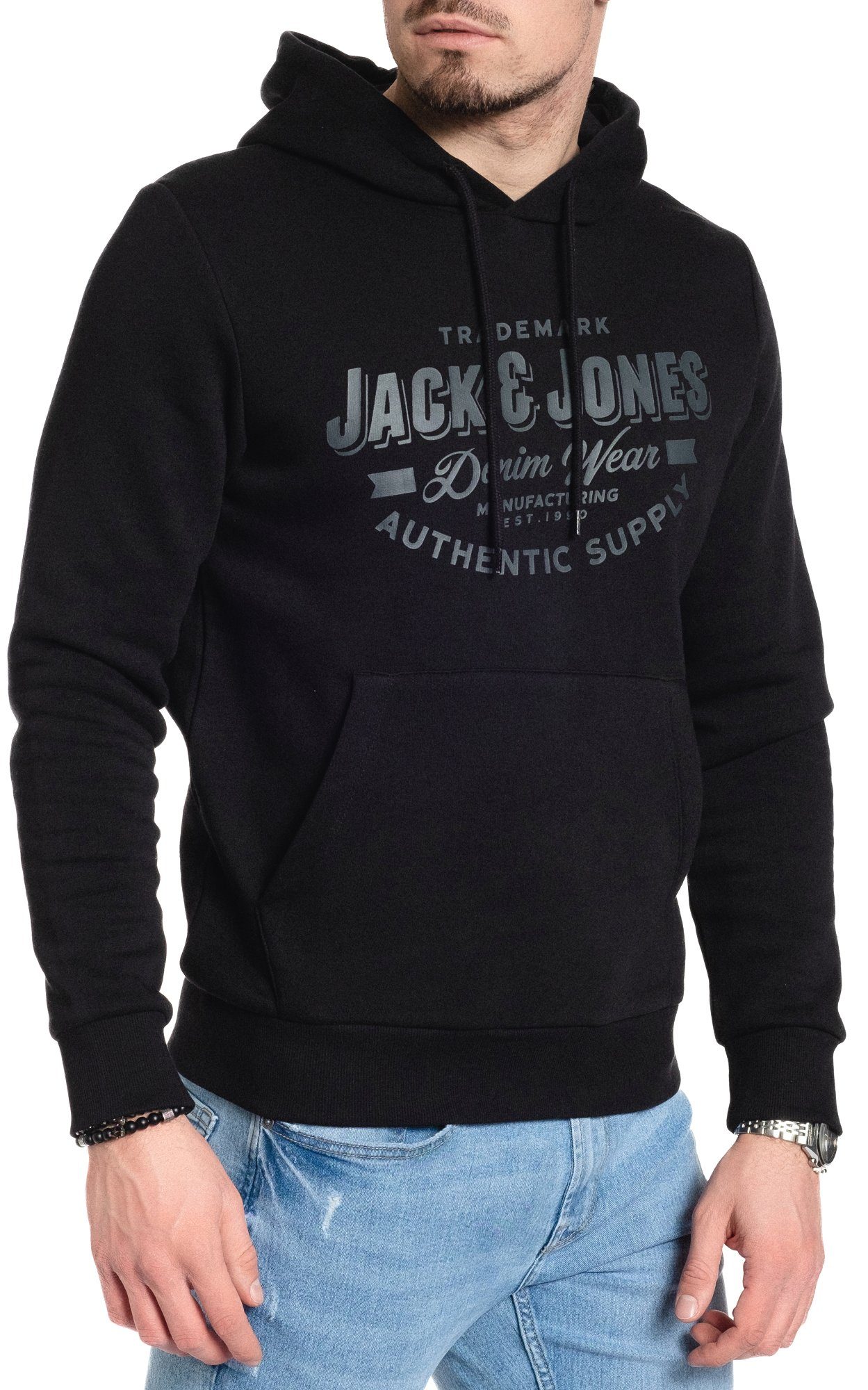 Kapuzensweatshirt mit Jack unifarben, mit & Kapuze Kängurutasche, Black-Asphalt Logodruck, Jones mit